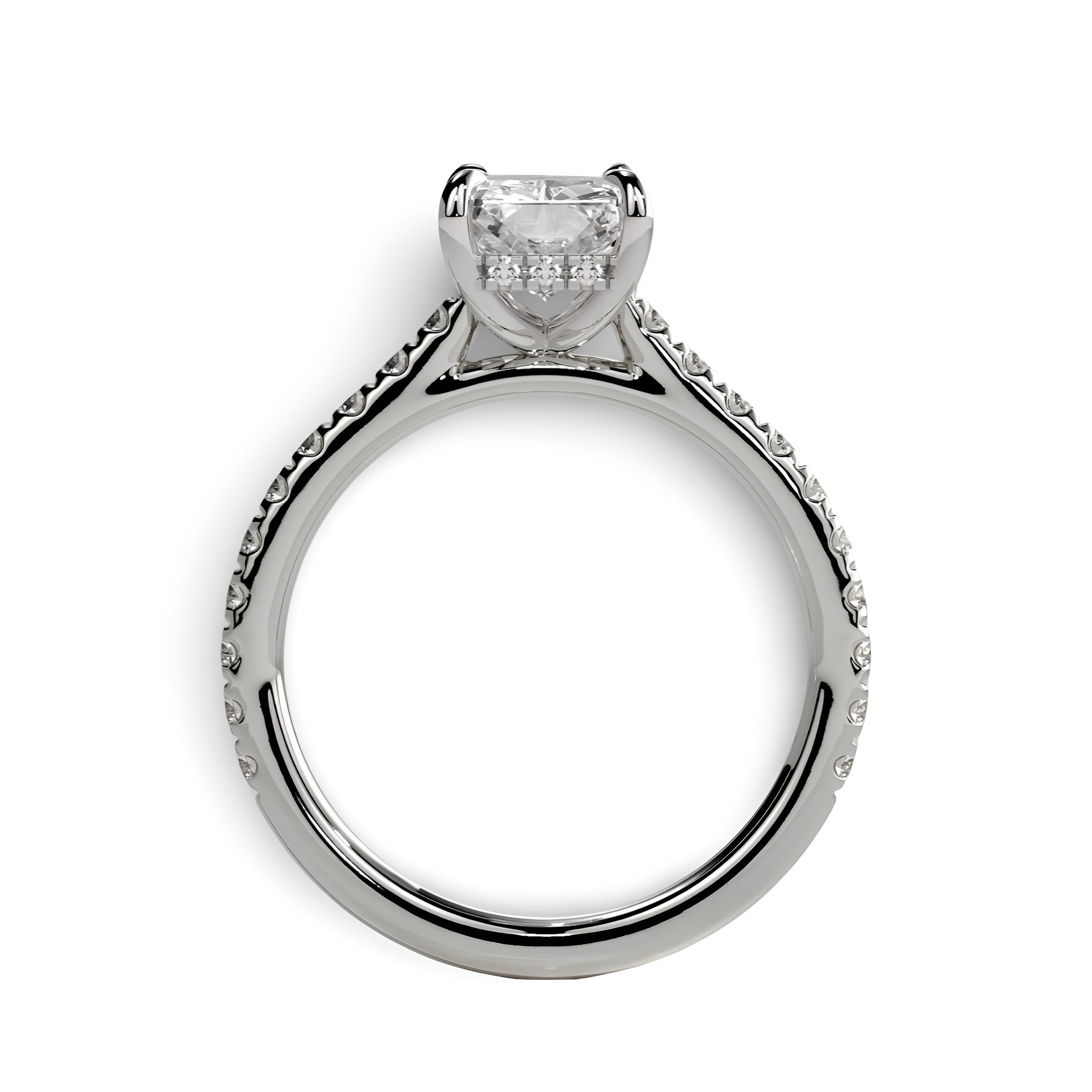 3.0ct Radiant Cut Hidden Halo Cathedral Pavé Ring – Sterling Silver / 9K–14K White Gold