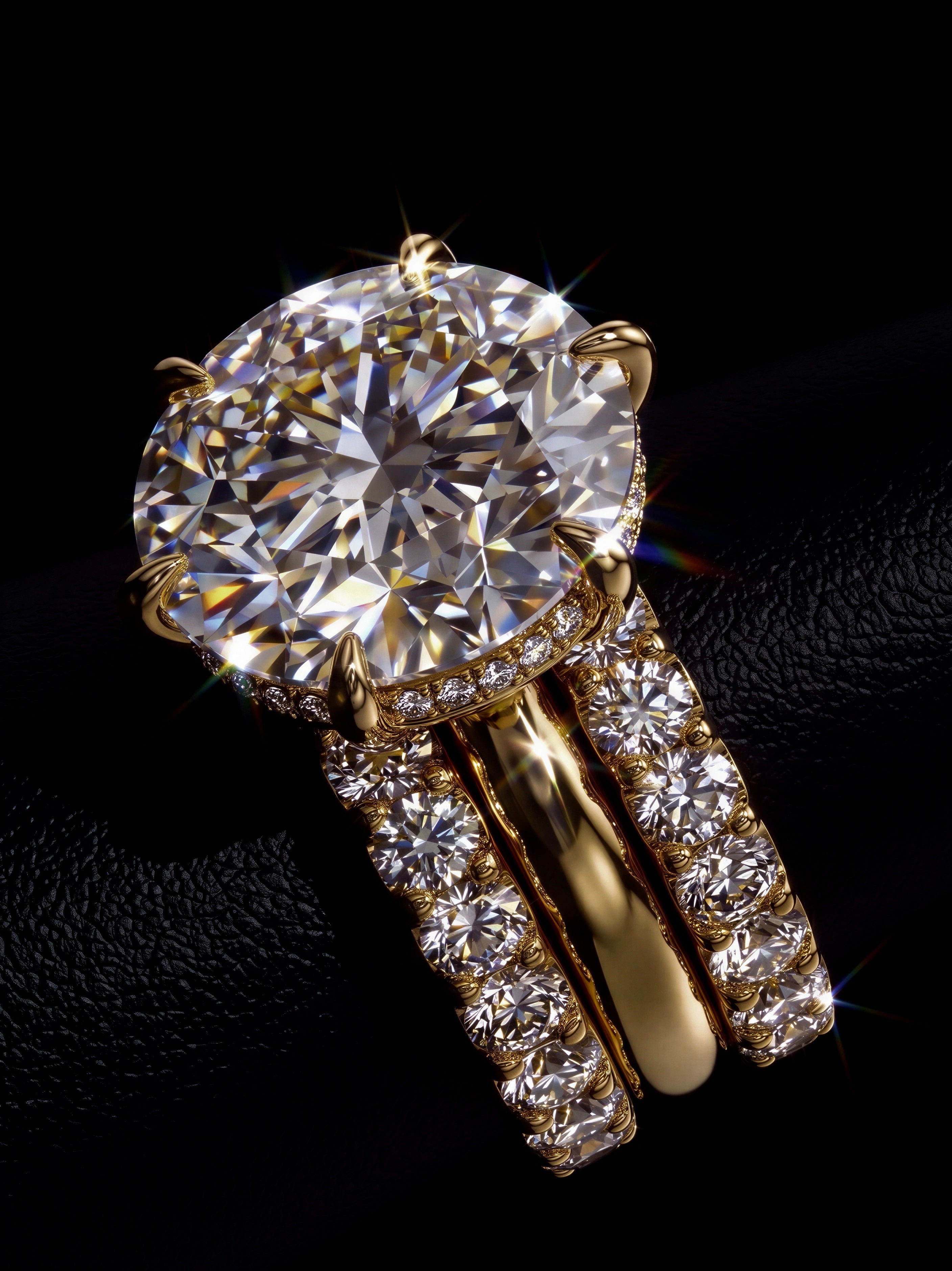 10.0CT Round Brilliant-Cut Moissanite · Hidden Halo Solitaire · Double Pavé Bridal Stack · Yellow Gold