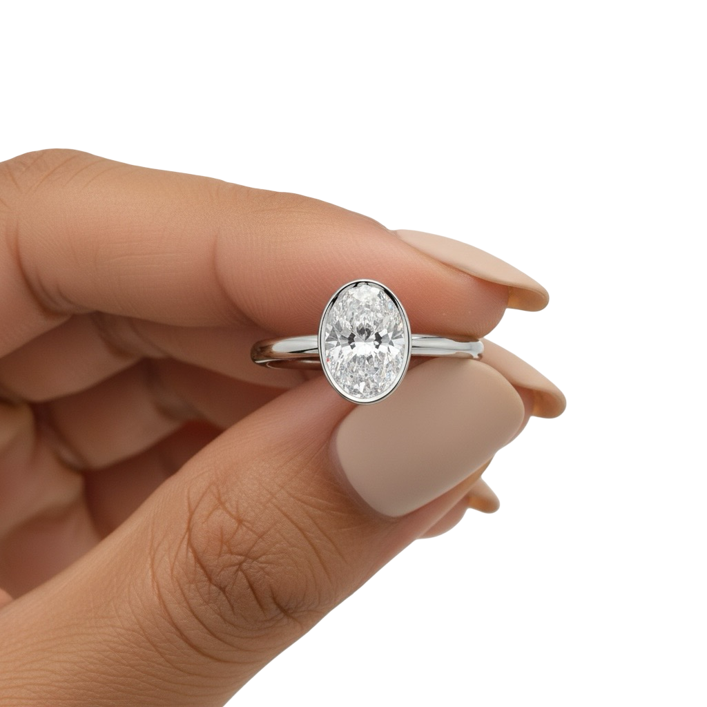 2.0 Ct Oval Cut Ring – Bezel Setting with Petal Gallery | Sterling Silver to White Gold
