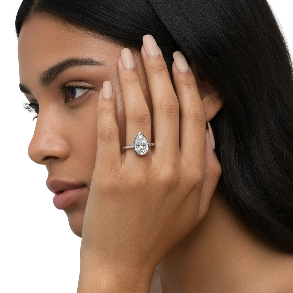 2.0ct Pear Cut Bezel Set Engagement Ring – Sterling Silver / 9K–14K White Gold