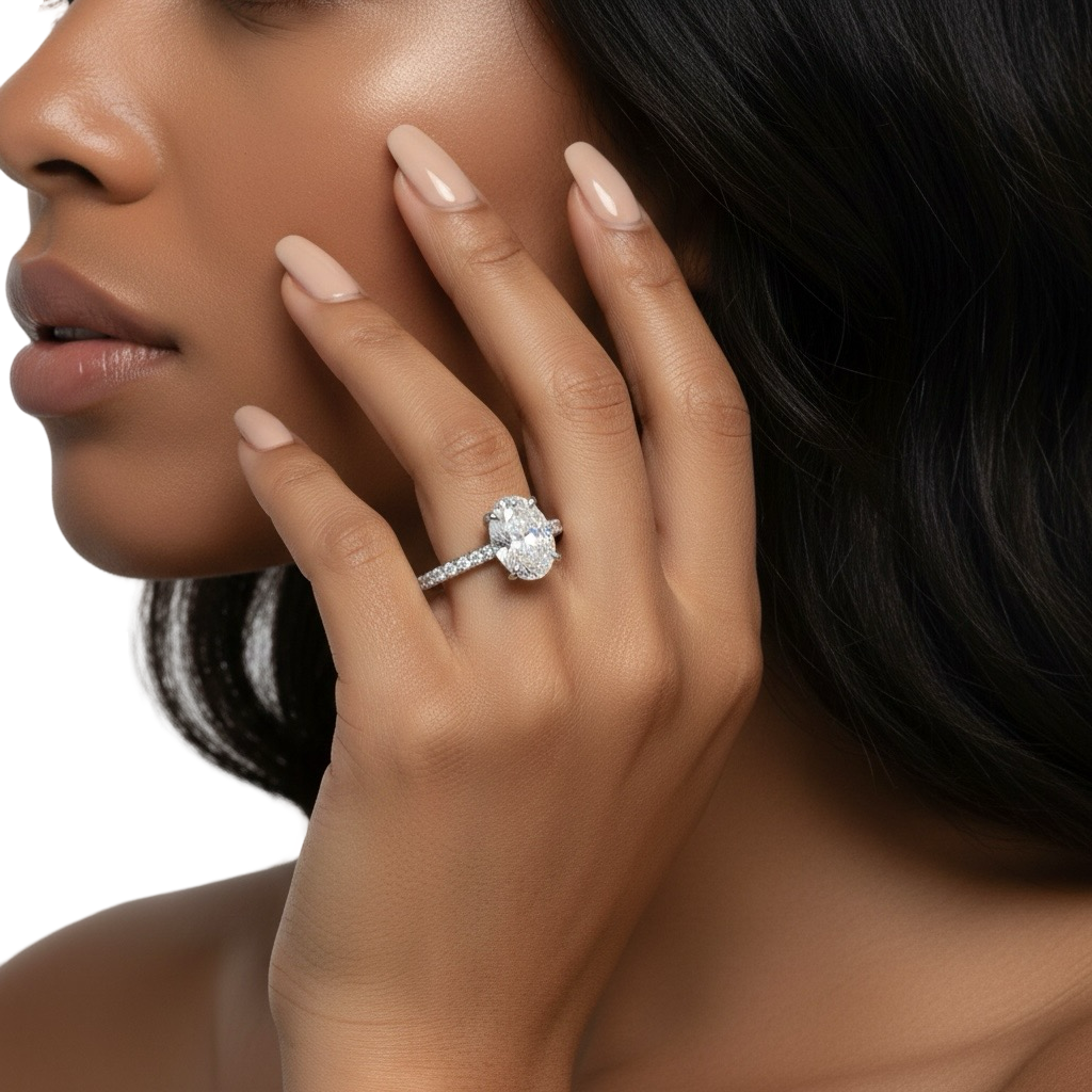 2.0CT Oval Cut Hidden Halo Pavé Engagement Ring - Sterling Silver & 9-14K White Gold