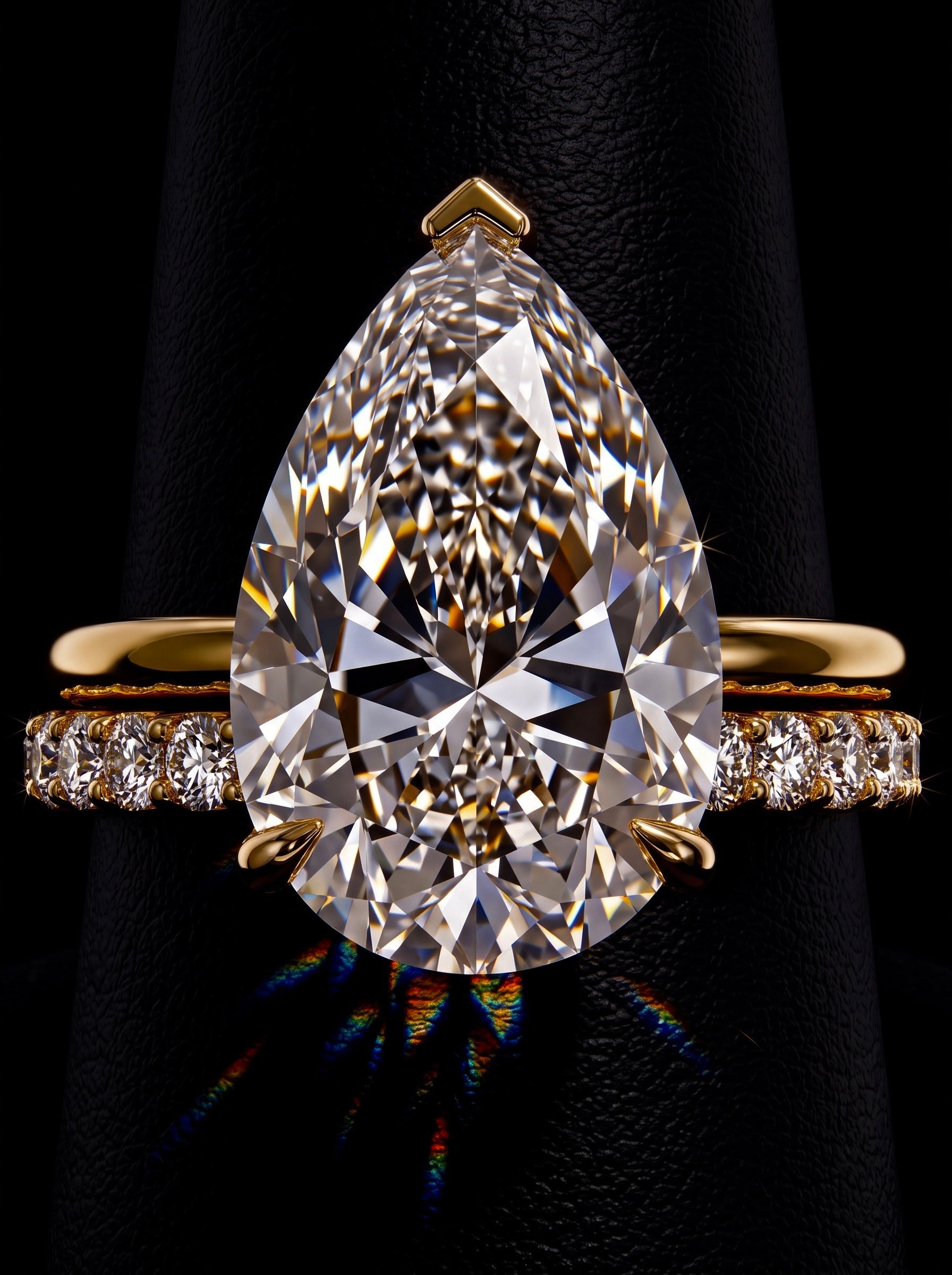 5.0CT Pear-Cut Moissanite · Hidden Halo Solitaire · Perfectly Matched Pavé Band · Yellow Gold