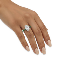 4.0ct Oval Cut Center Stone Ring with Green Marquise Side Stones & Hidden Halo – Sterling Silver / 9K & 14K White Gold
