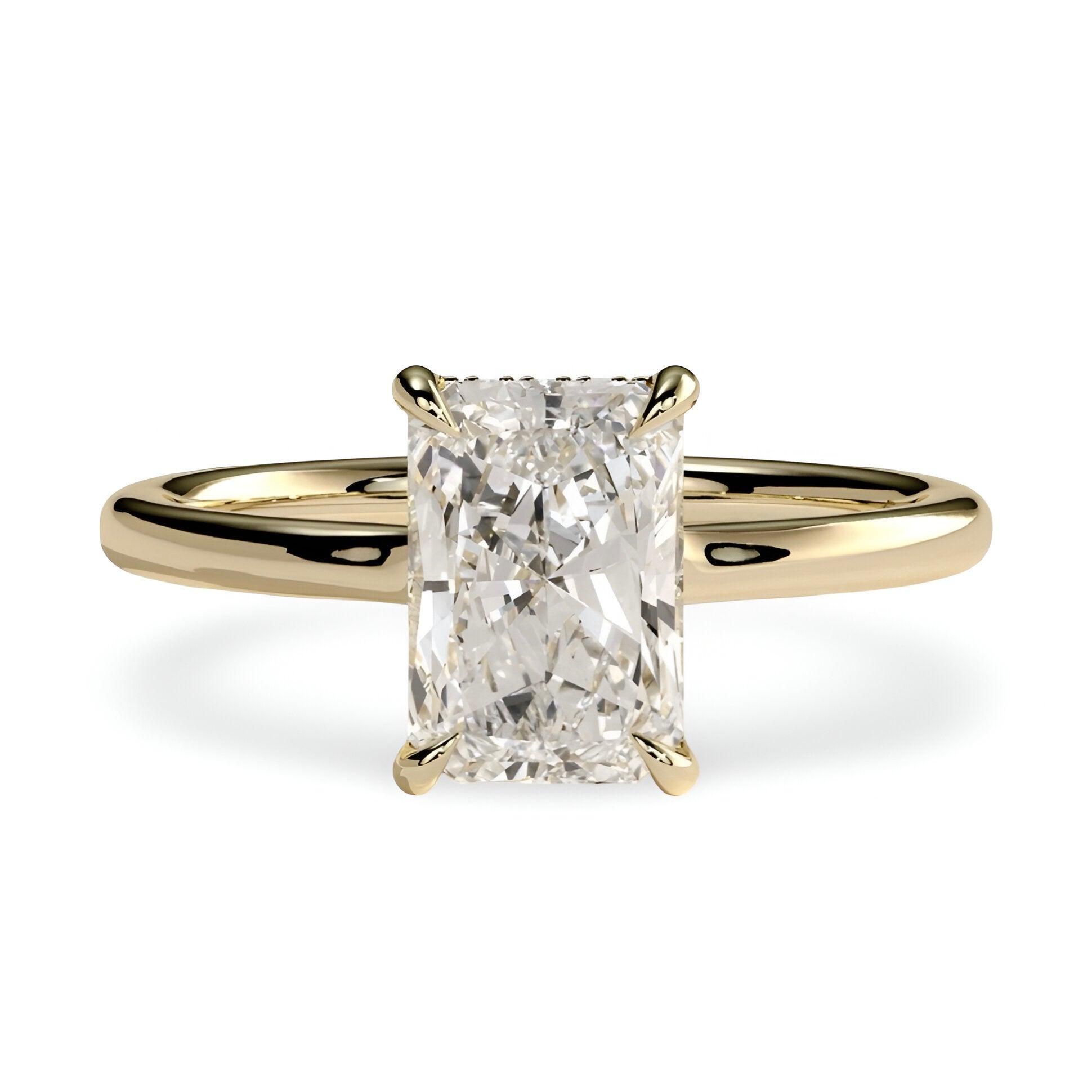 3.0ct Radiant Cut Low-Set Hidden Halo Solitaire Ring - 9K-18K Yellow Gold