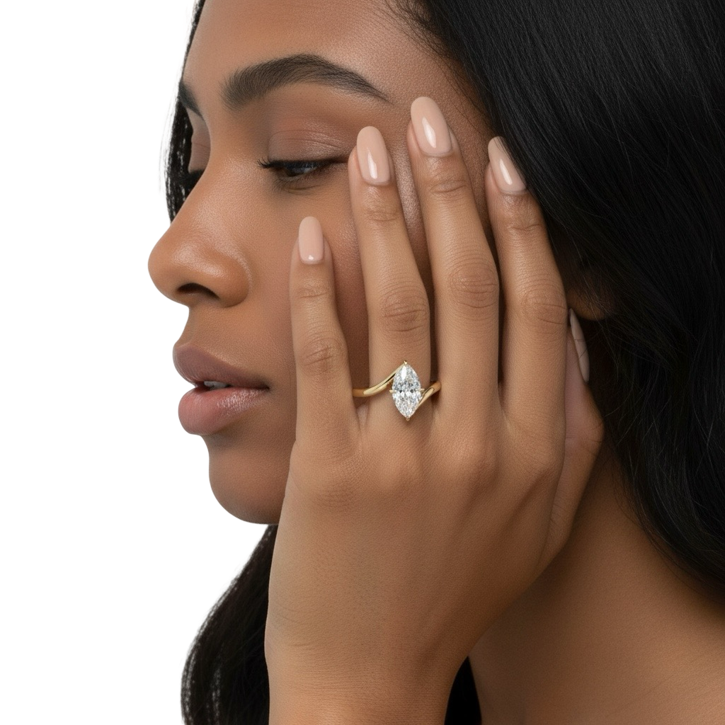 Marquise Cut Bypass Solitaire Ring - 9-18K Yellow Gold