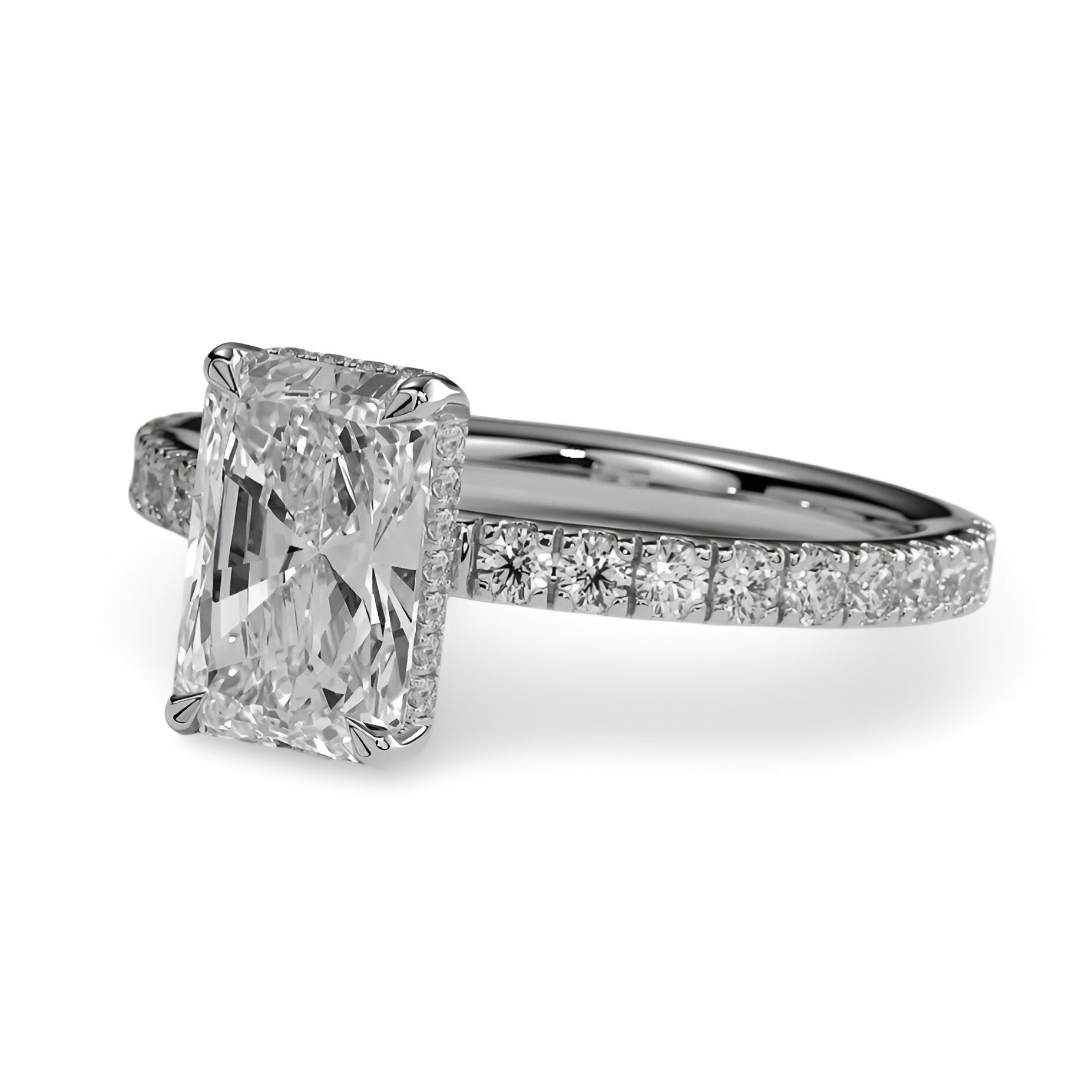 4.0ct Radiant Cut Ring – Hidden Halo & Pavé Band | Sterling Silver to 9–14k Yellow Gold