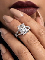 4.0ct Emerald-Cut Moissanite Ring | Split Shank, Pavé Band & Hidden Halo