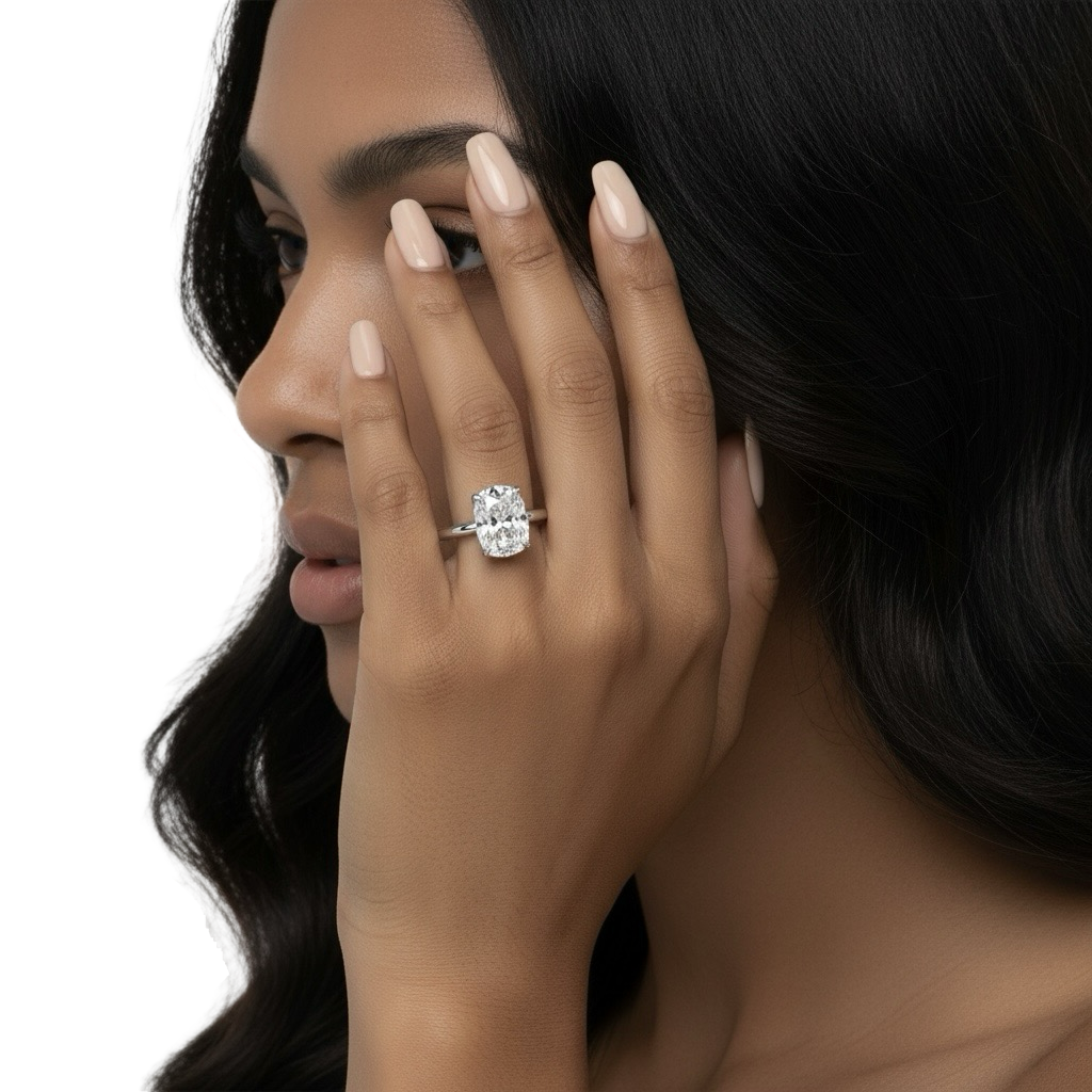 2.0ct Elongated Cushion Cut 4-Claw Solitaire Ring – Sterling Silver & 9–14k White Gold