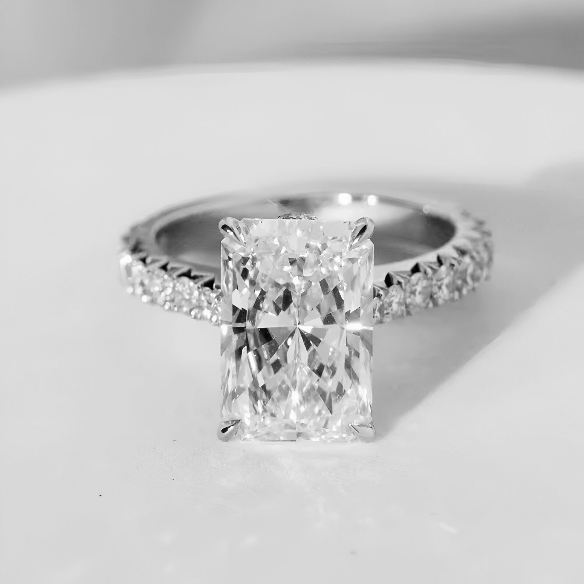 MG AURORA™ 5.0ct Radiant Cut Ring with Hidden Halo & Pavé – Sterling Silver / 9ct / 14ct White Gold