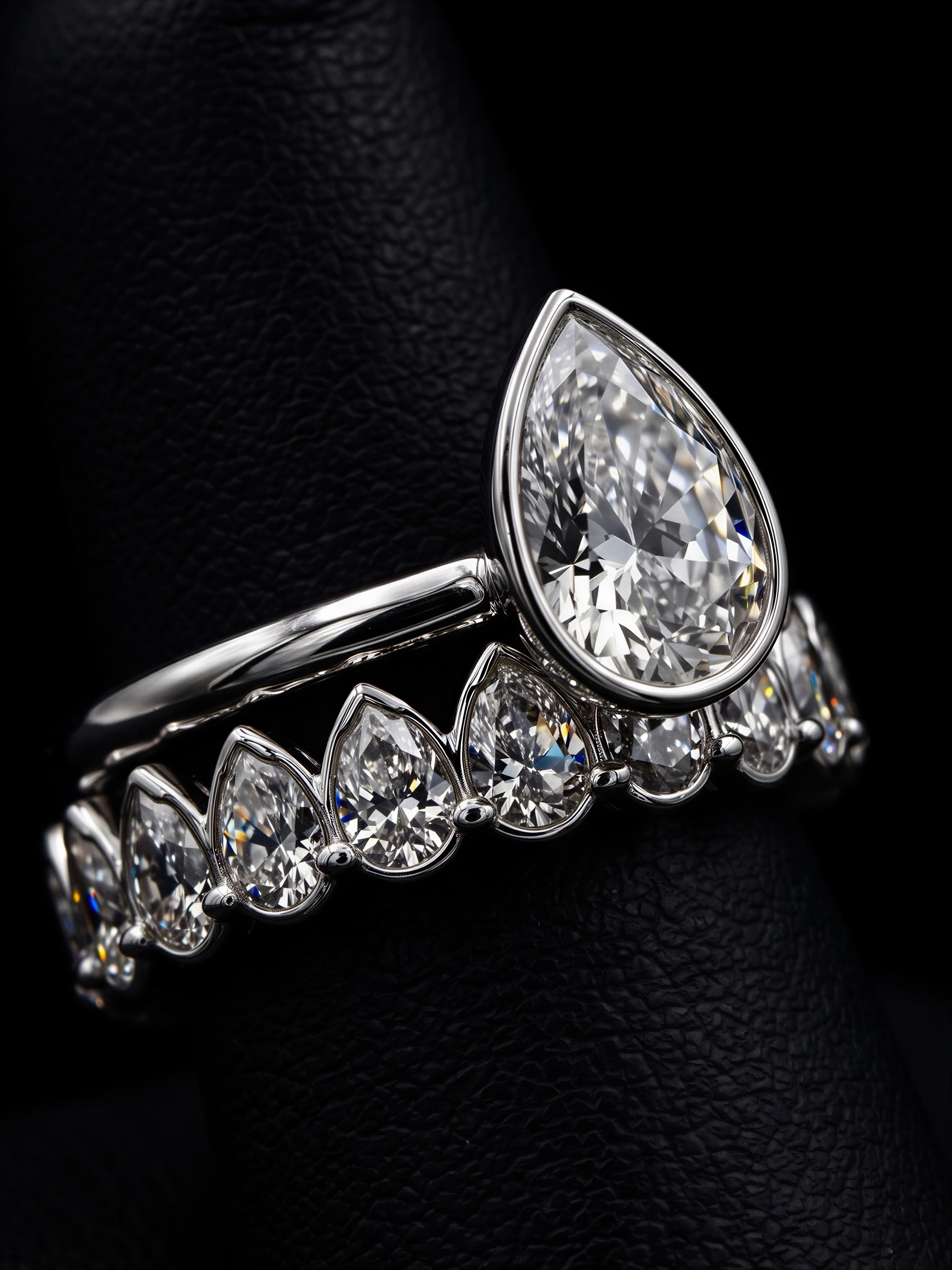 3.0CT Pear-Cut Moissanite · Bezel Solitaire · Full Bezel Eternity Band · Yellow Gold