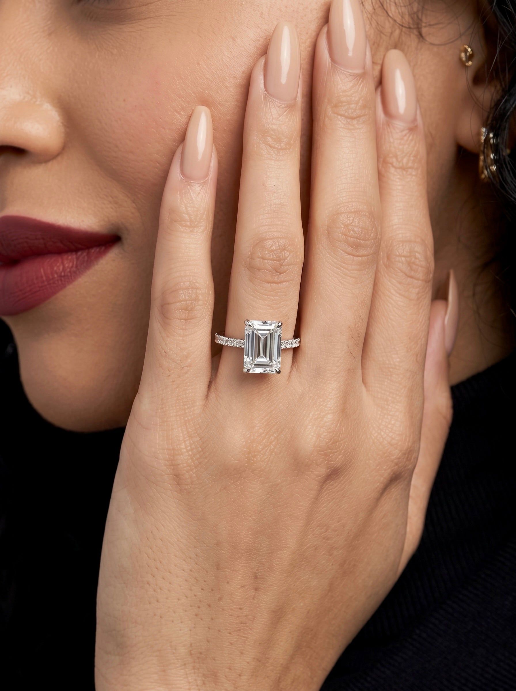 3CT Emerald Cut Hidden Halo Pavé Engagement Ring | Sterling Silver, 9K & 14K Solid White Gold
