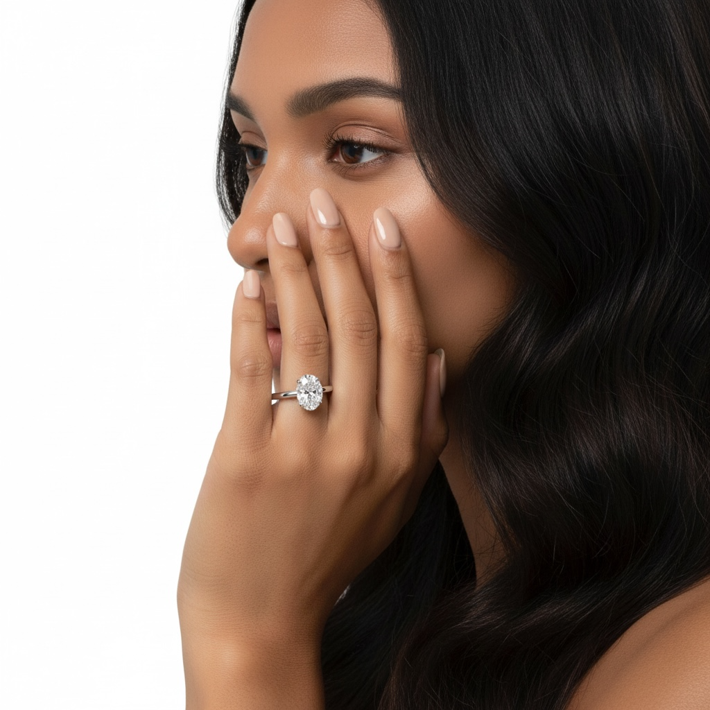 2.0ct Oval-Cut Hidden Halo Solitaire Ring
Four-Claw Setting · Sterling Silver to Solid White Gold