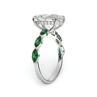 4.0ct Oval Cut Center Stone Ring with Green Marquise Side Stones & Hidden Halo – Sterling Silver / 9K & 14K White Gold