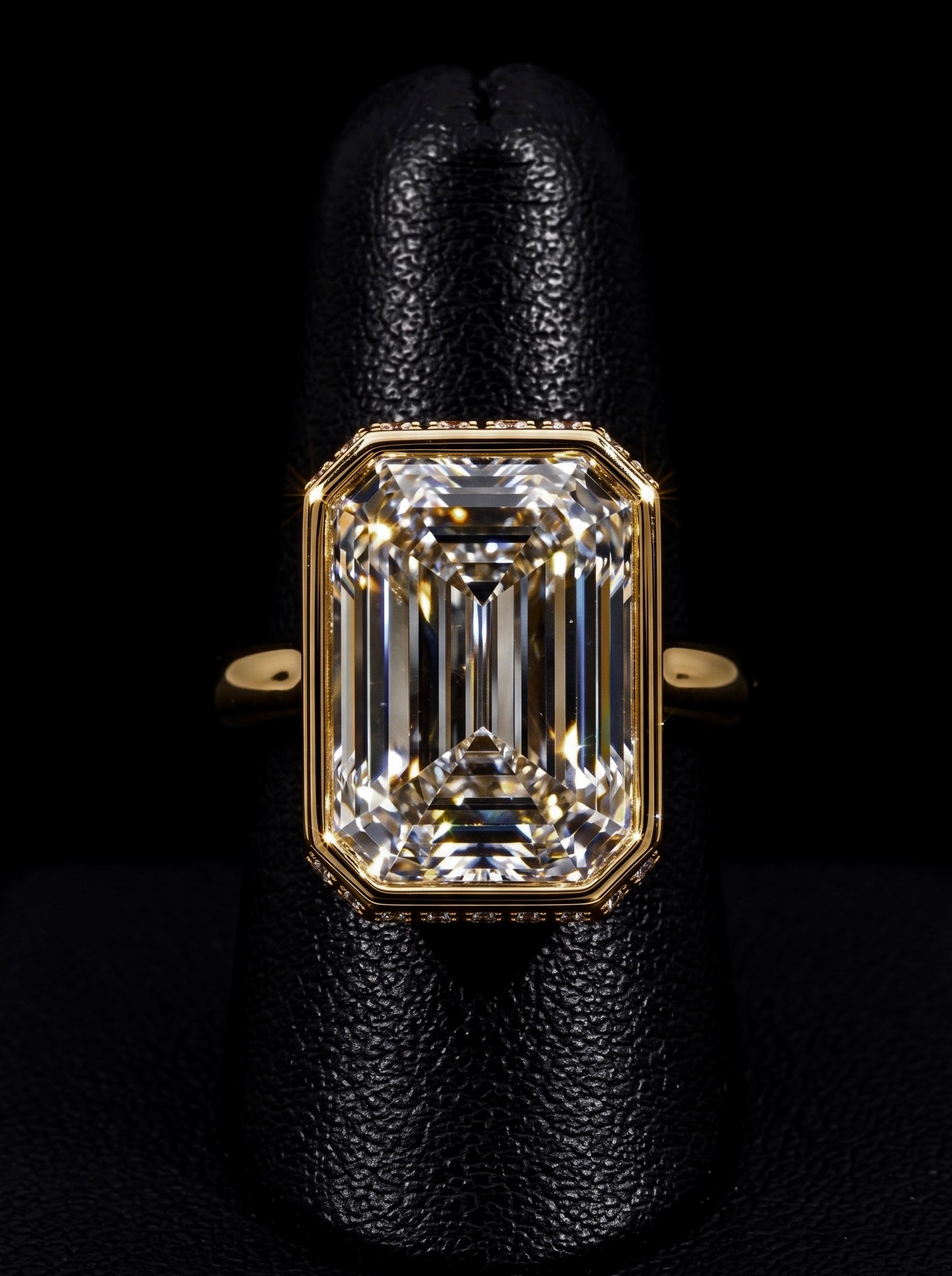 10.0CT Emerald-Cut Moissanite · Bezel Setting · Hidden Halo · Solid Gold