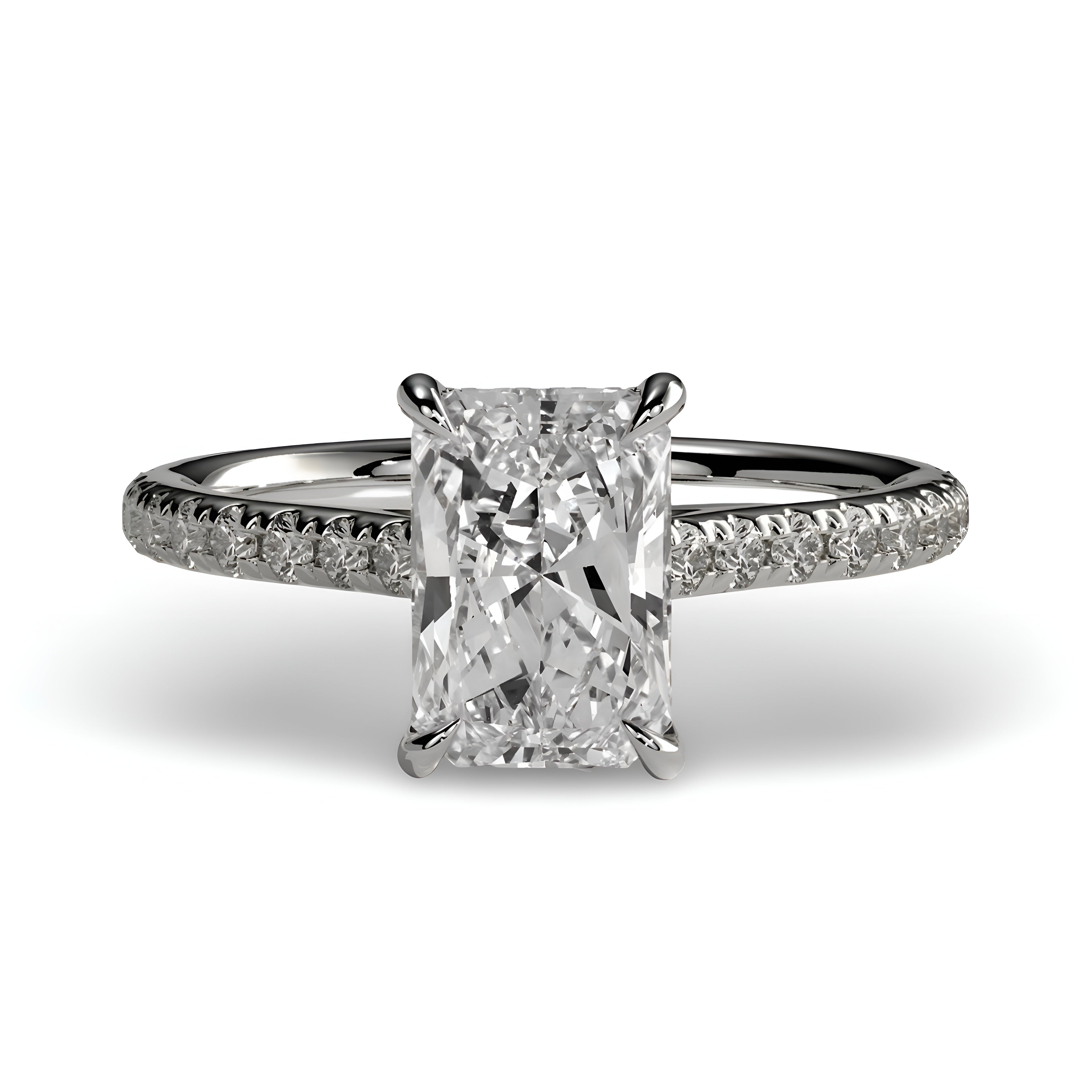 3.0ct Radiant Cut Hidden Halo Cathedral Pavé Ring – Sterling Silver / 9K–14K White Gold