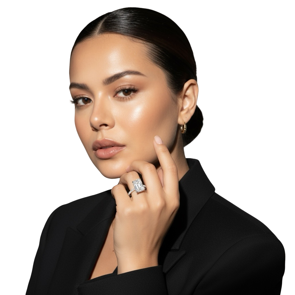 The MG Solara™️ 5.0ct Radiant Cut Pavé with Elevated Hidden Halo (Sterling Silver & 9K+14K White Gold)