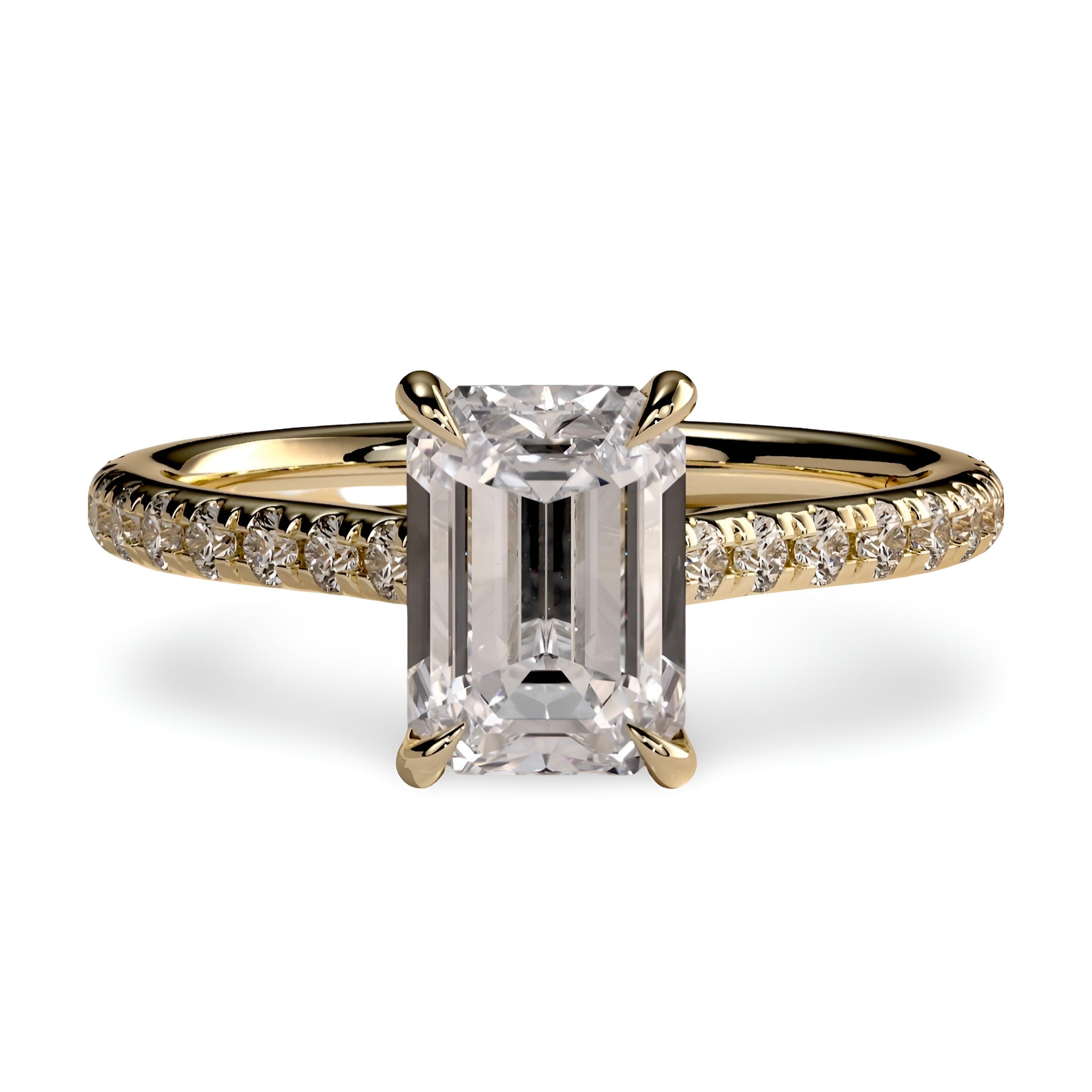 3CT Emerald Cut Hidden Halo Pavé Engagement Ring | 9K–18K Solid Yellow Gold