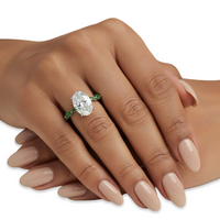 4.0ct Oval Cut Center Stone Ring with Green Marquise Side Stones & Hidden Halo – Sterling Silver / 9K & 14K White Gold