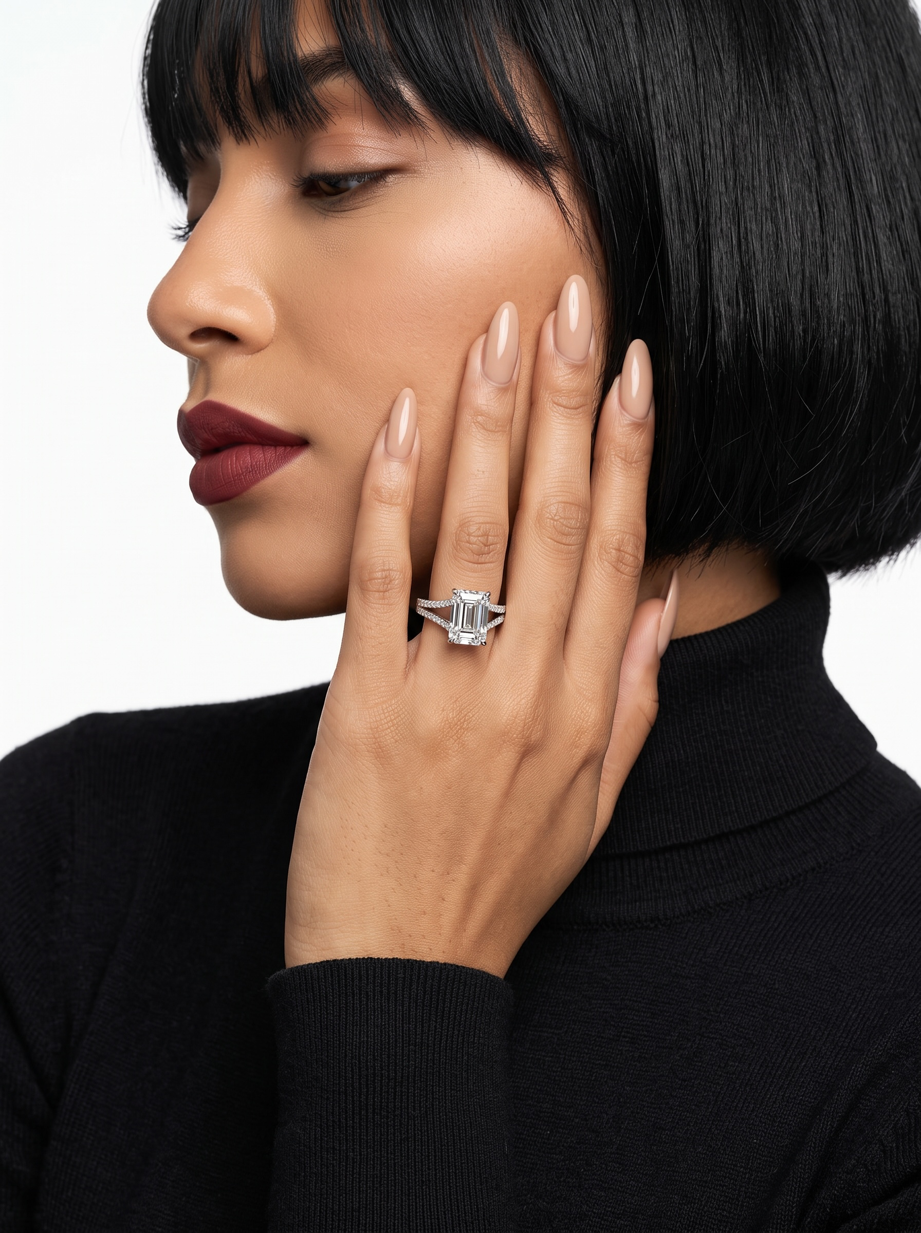 4.0ct Emerald-Cut Moissanite Ring | Split Shank, Pavé Band & Hidden Halo