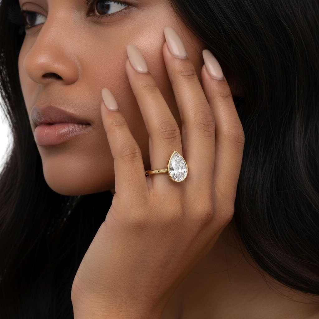 2.0ct Pear Cut Bezel Set Engagement Ring – 9K / 14K / 18K Yellow Gold