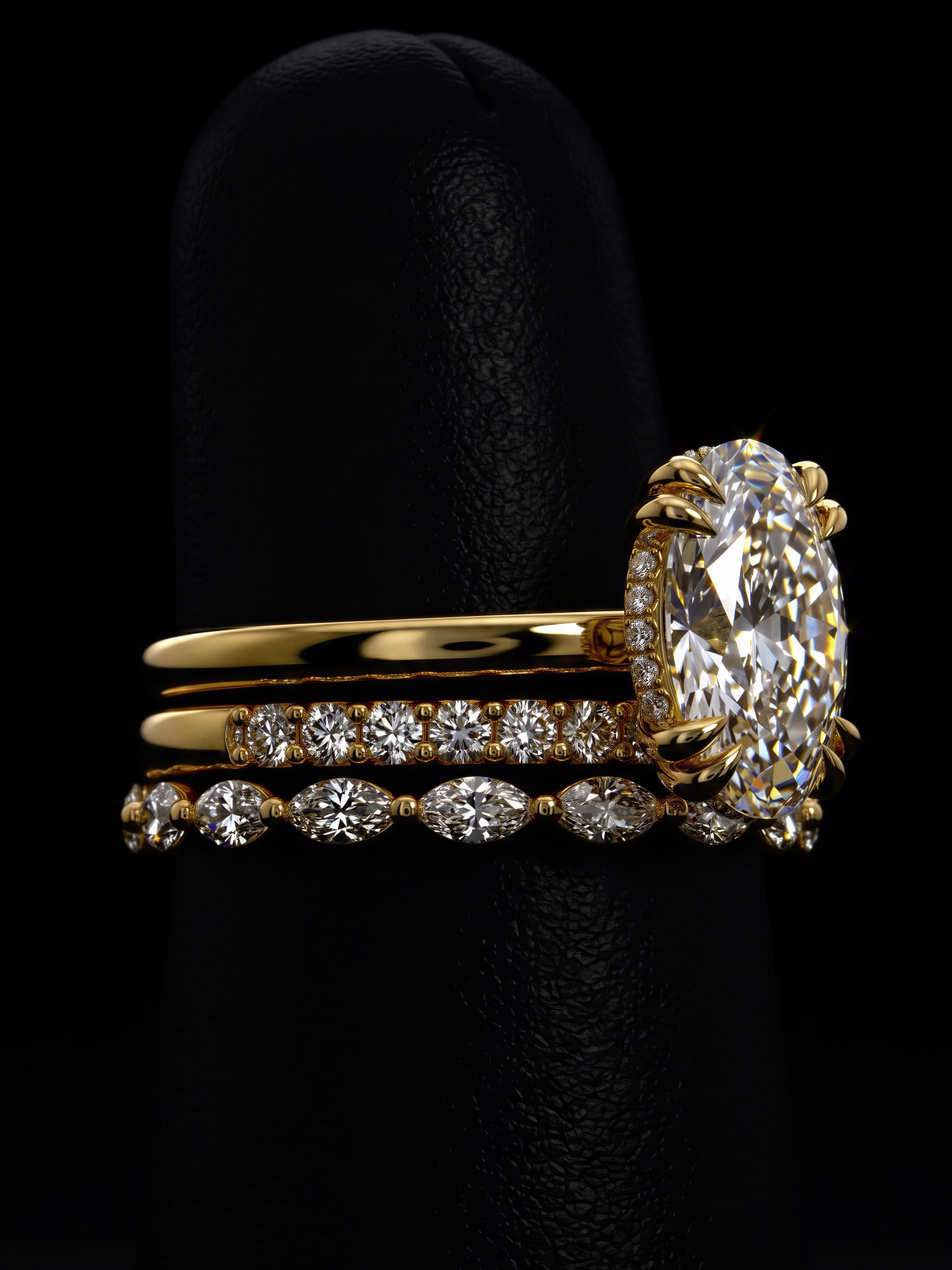 4.0CT Oval-Cut Moissanite · Double-Claw Hidden Halo Solitaire · Round Brilliant & Marquise Pavé Bands · Yellow Gold
