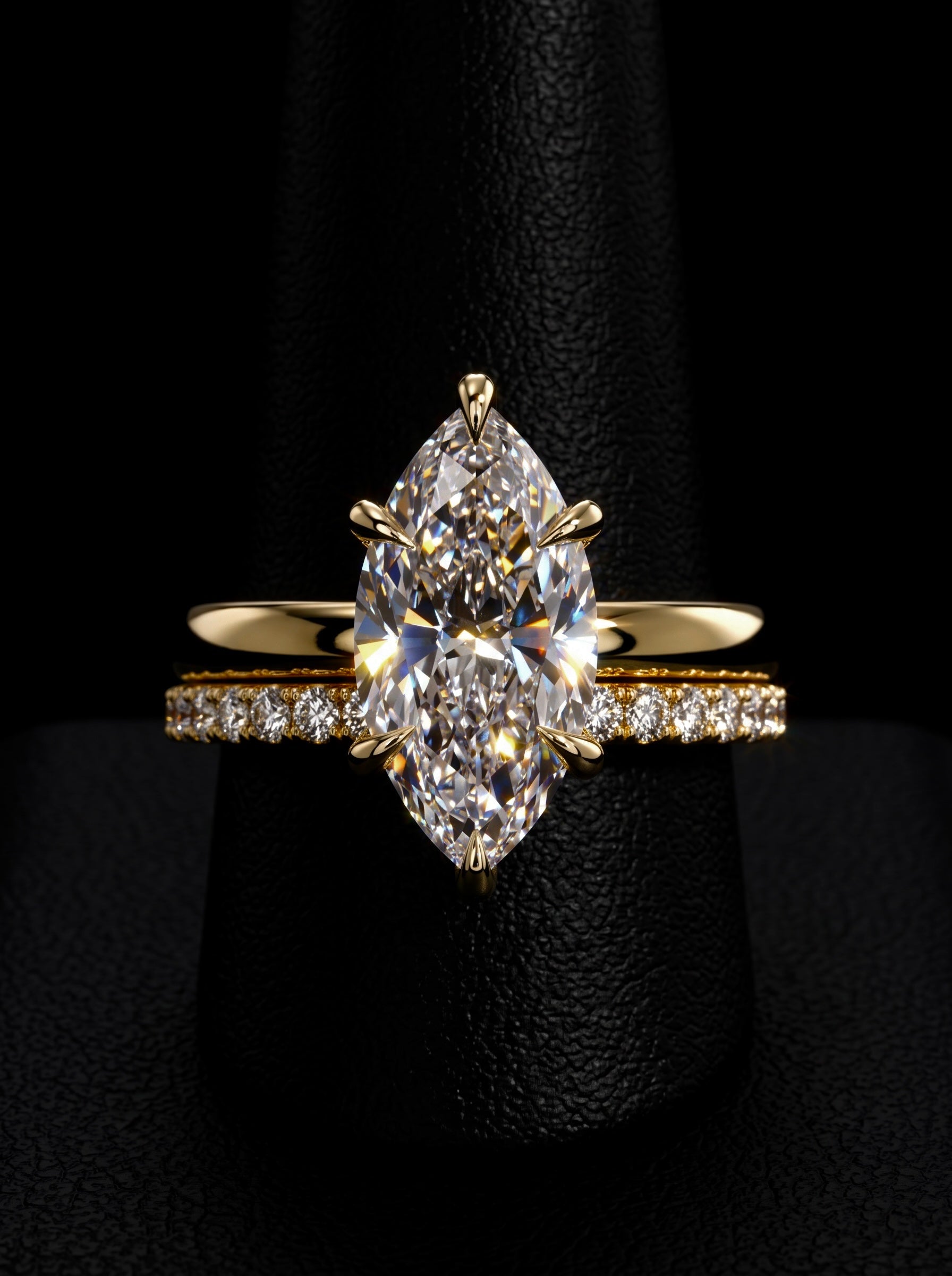 4.0CT Marquise-Cut Moissanite · Hidden Halo · Solitaire · Pavé Wedding Band · Solid Gold