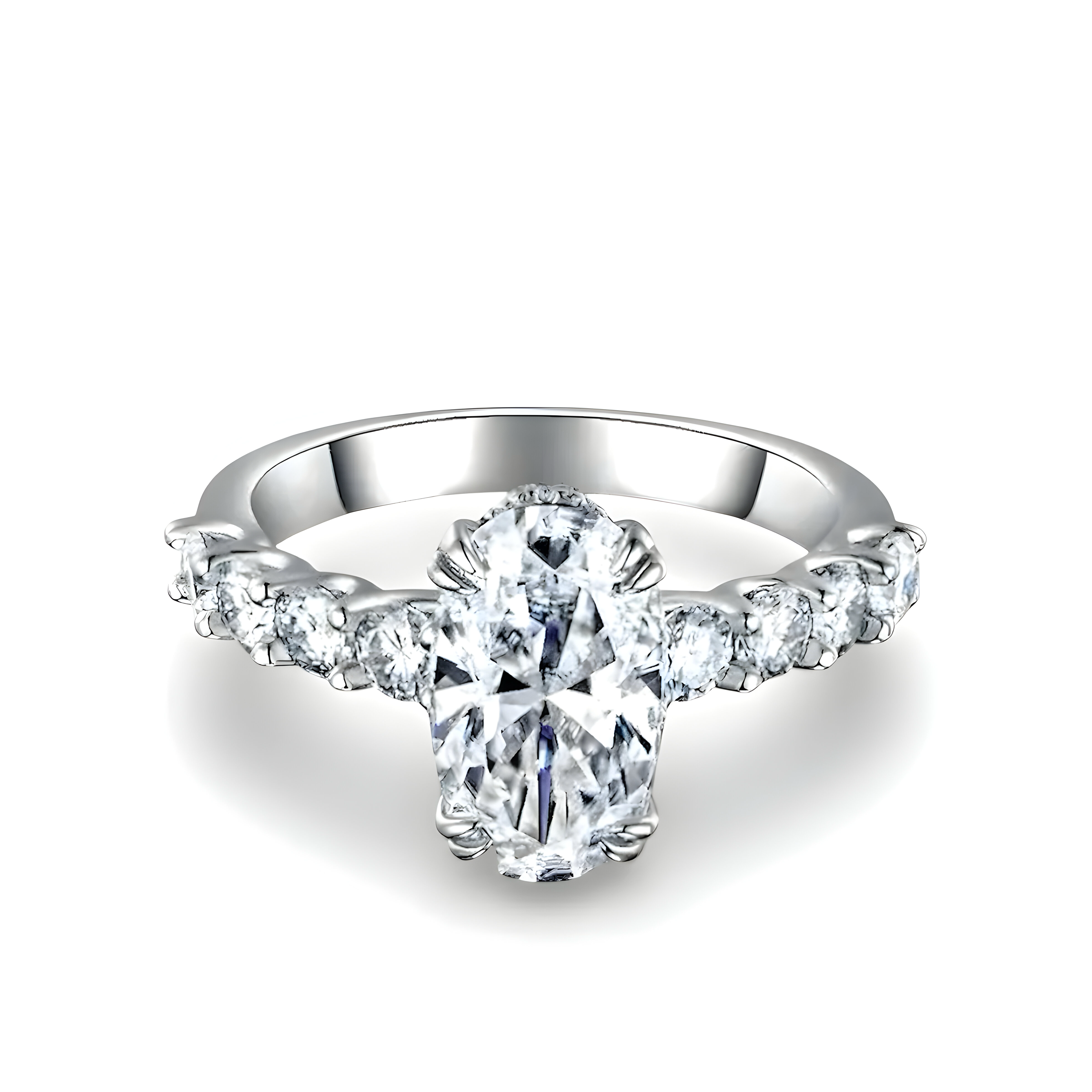 3.0CT Oval Moissanite Engagement Ring with Hidden Halo, Double Claw Prongs & Half Eternity Band