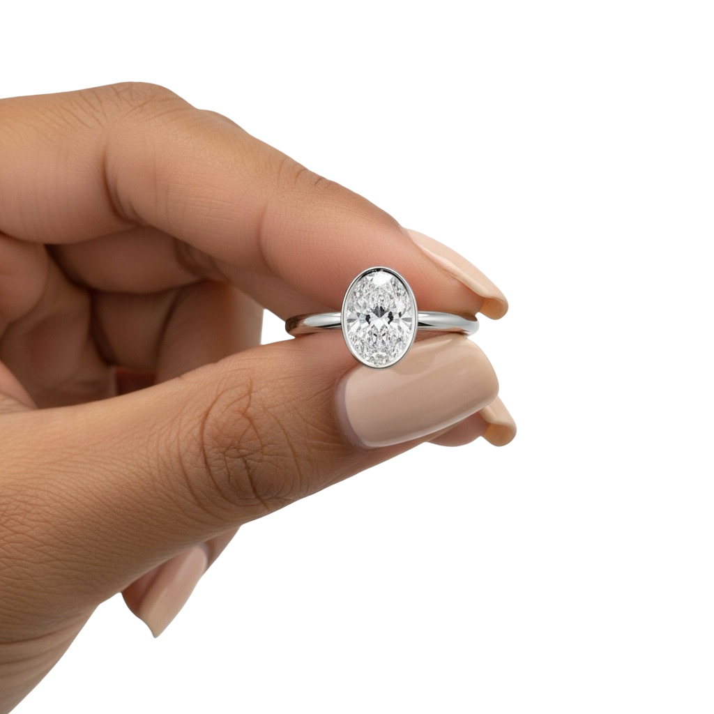 2.0 Ct Oval Cut Ring – Bezel Setting with Petal Gallery | Sterling Silver to White Gold