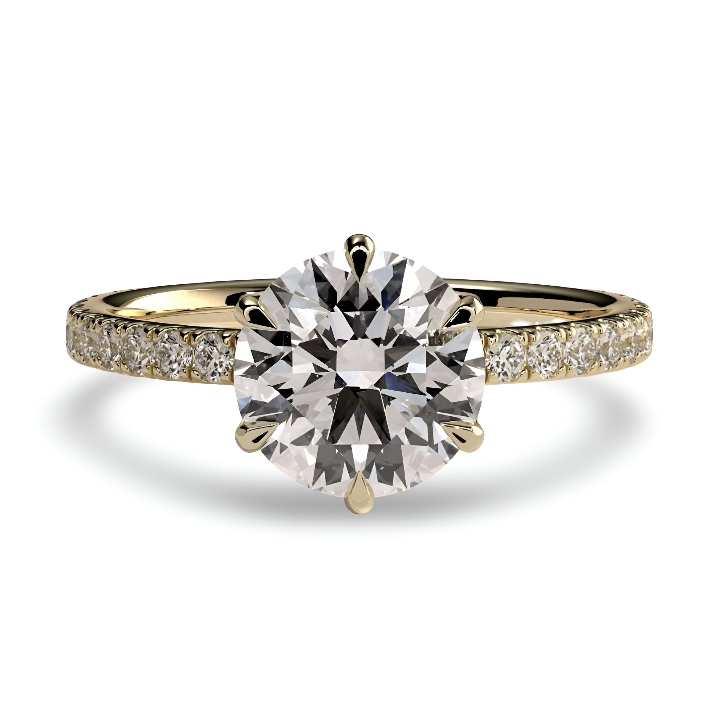 2.0 Ct Round Brilliant Solitaire – 6-Claw with Crown Gallery & Pavé Band | 9–18K Yellow Gold