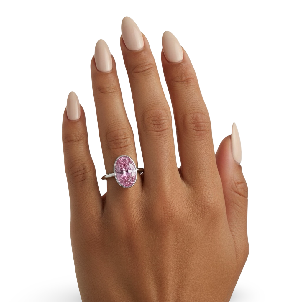 3.0ct Oval-Cut Pink Bezel-Set Ring | Sterling Silver & 9K / 14K White Gold