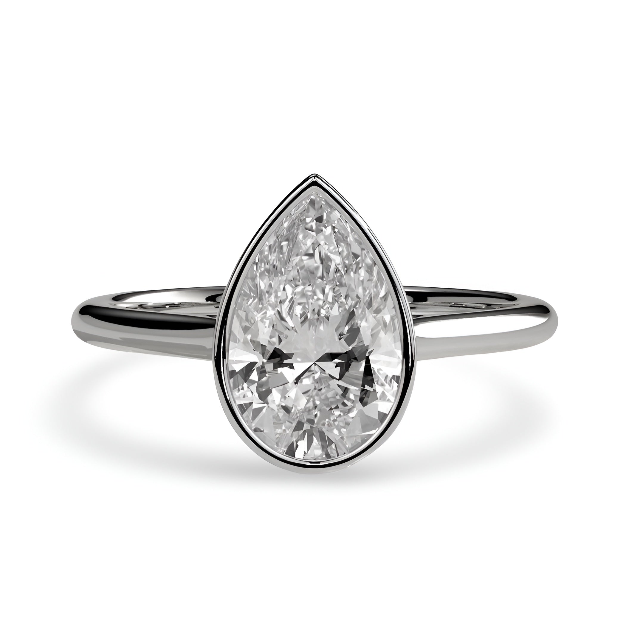 2.0ct Pear Cut Bezel Set Engagement Ring – Sterling Silver / 9K–14K White Gold