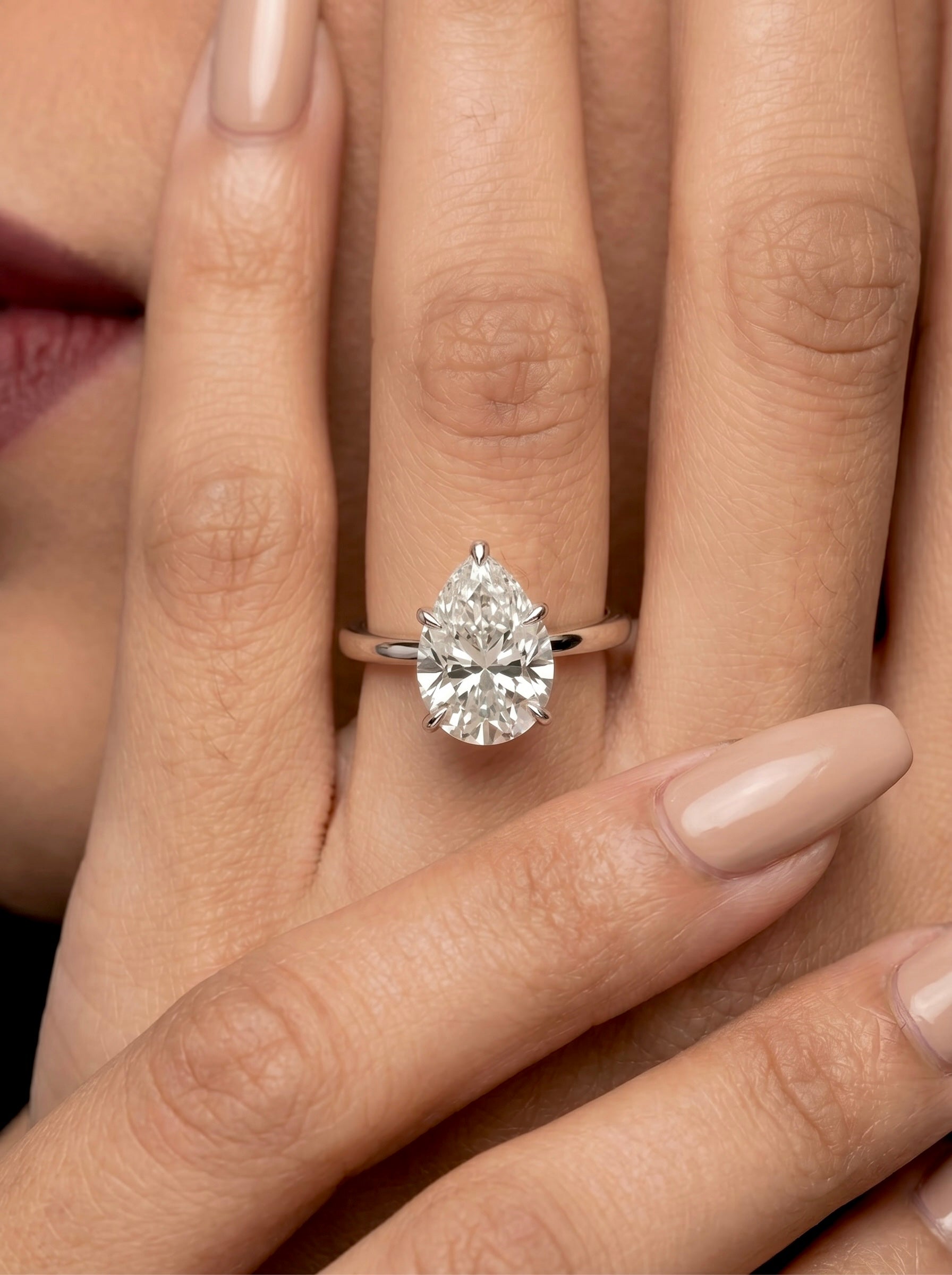 2.0ct Pear Cut Solitaire Ring with Hidden Halo – 5-Claw Setting | Sterling Silver & 9–14k White Gold