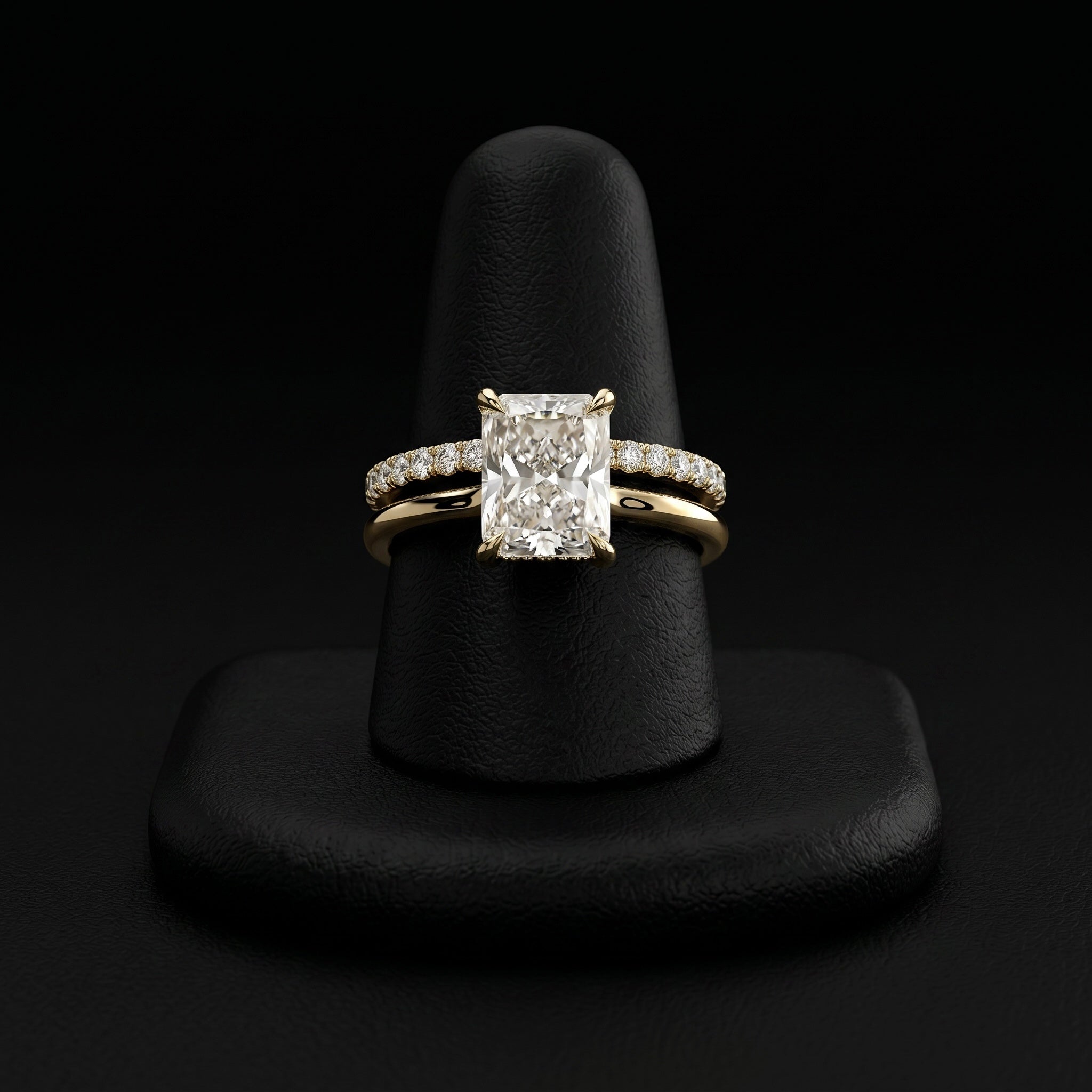 3.0ct Radiant Cut Low-Set Hidden Halo Solitaire Ring - 9K-18K Yellow Gold