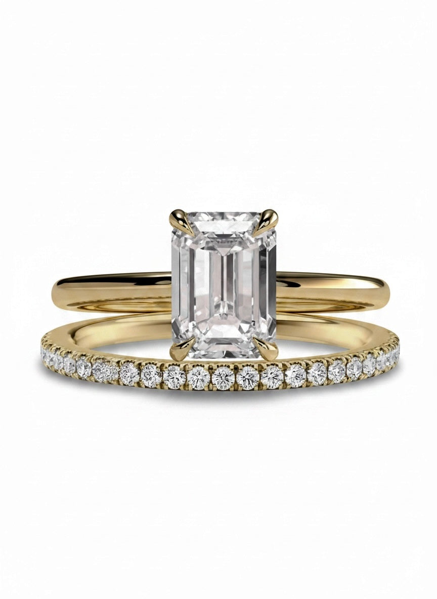 4.0ct Emerald Cut Solitaire Engagement Ring with Pavé Wedding Band