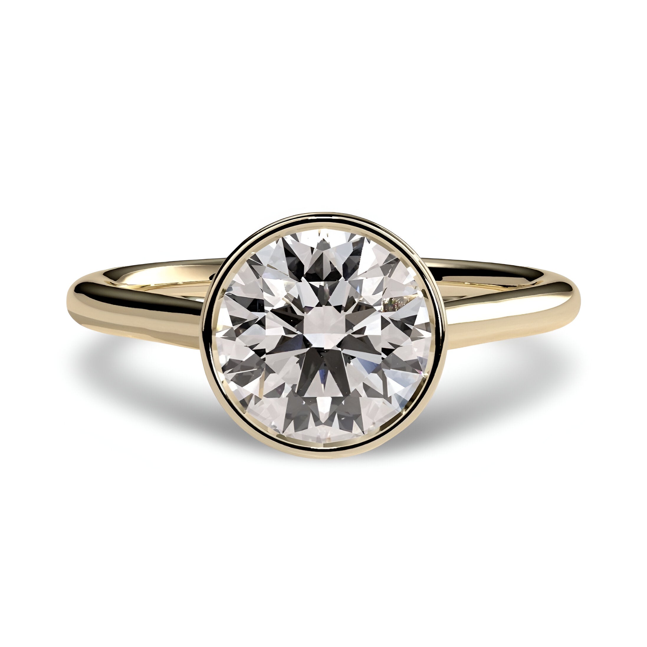 2.0ct Premium Round Brilliant Solitaire Ring – Low Bezel with Petal Prongs | 9K–18K Yellow Gold