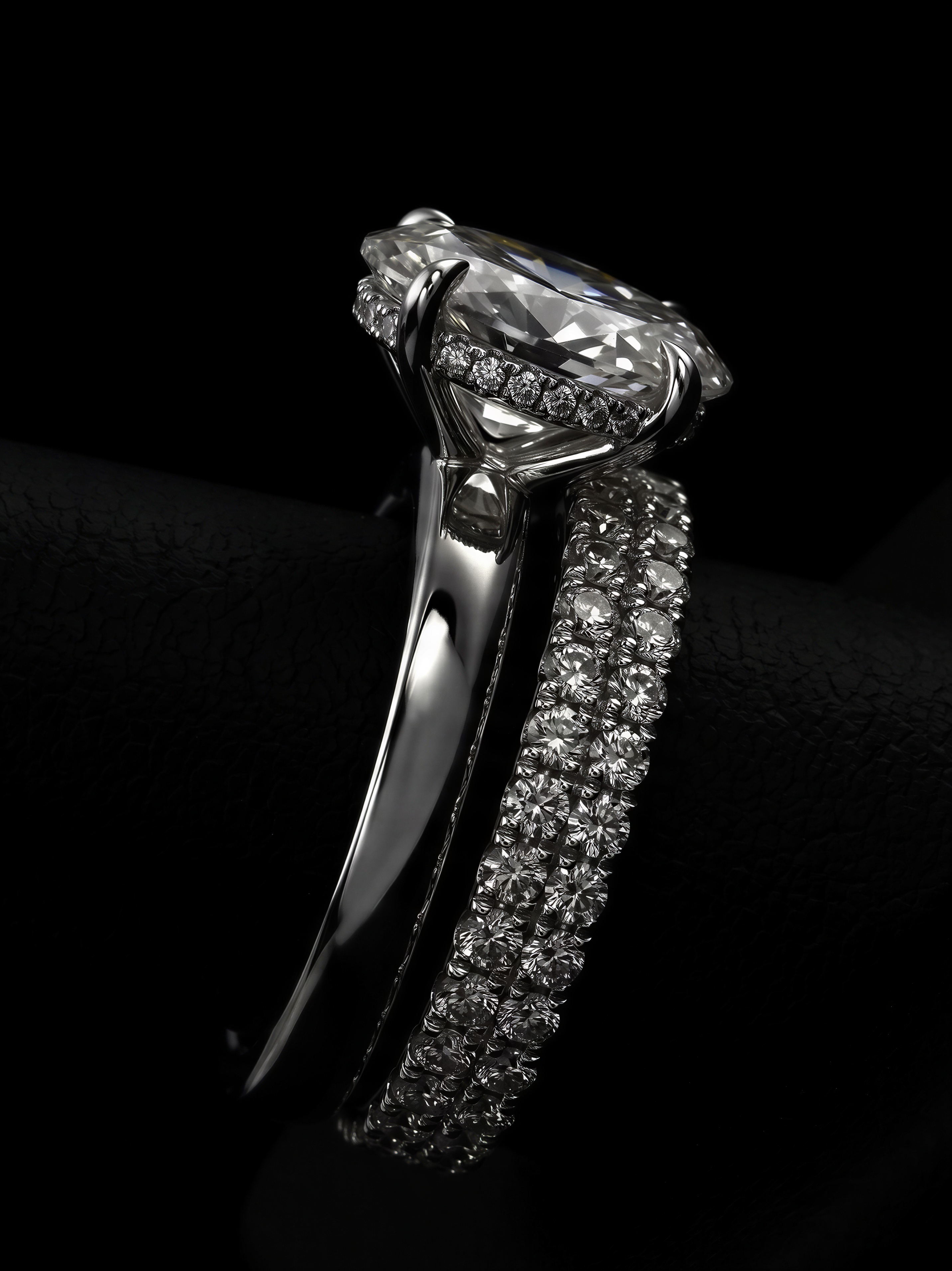 3.0CT Oval-Cut Moissanite · Hidden Halo Solitaire · 3.5mm Band · Double-Row Pavé Band · Sterling Silver / White Gold