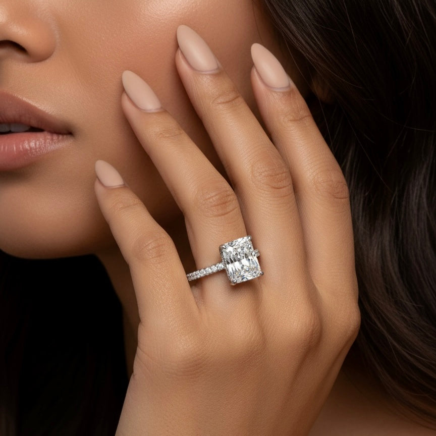 MG Vanter Glow™️ Radiant Cut with Hidden Halo & Pavé Ring in Sterling Silver & 14CT White Gold