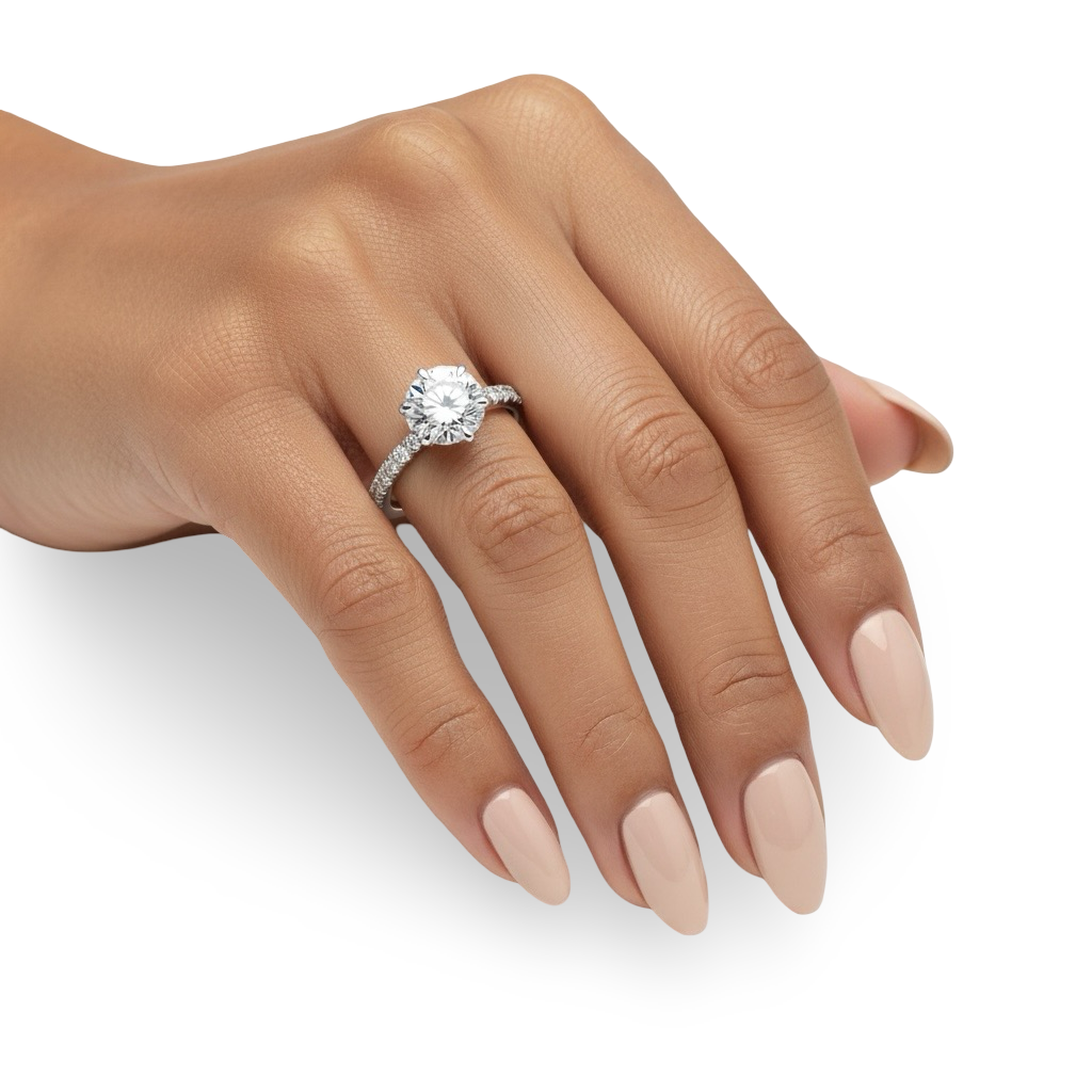 2.0 Ct Round Brilliant Moissanite Ring – 5 Eagle Claw Prongs with Hidden Halo & Pavé Band | Sterling Silver & 9–14K White Gold