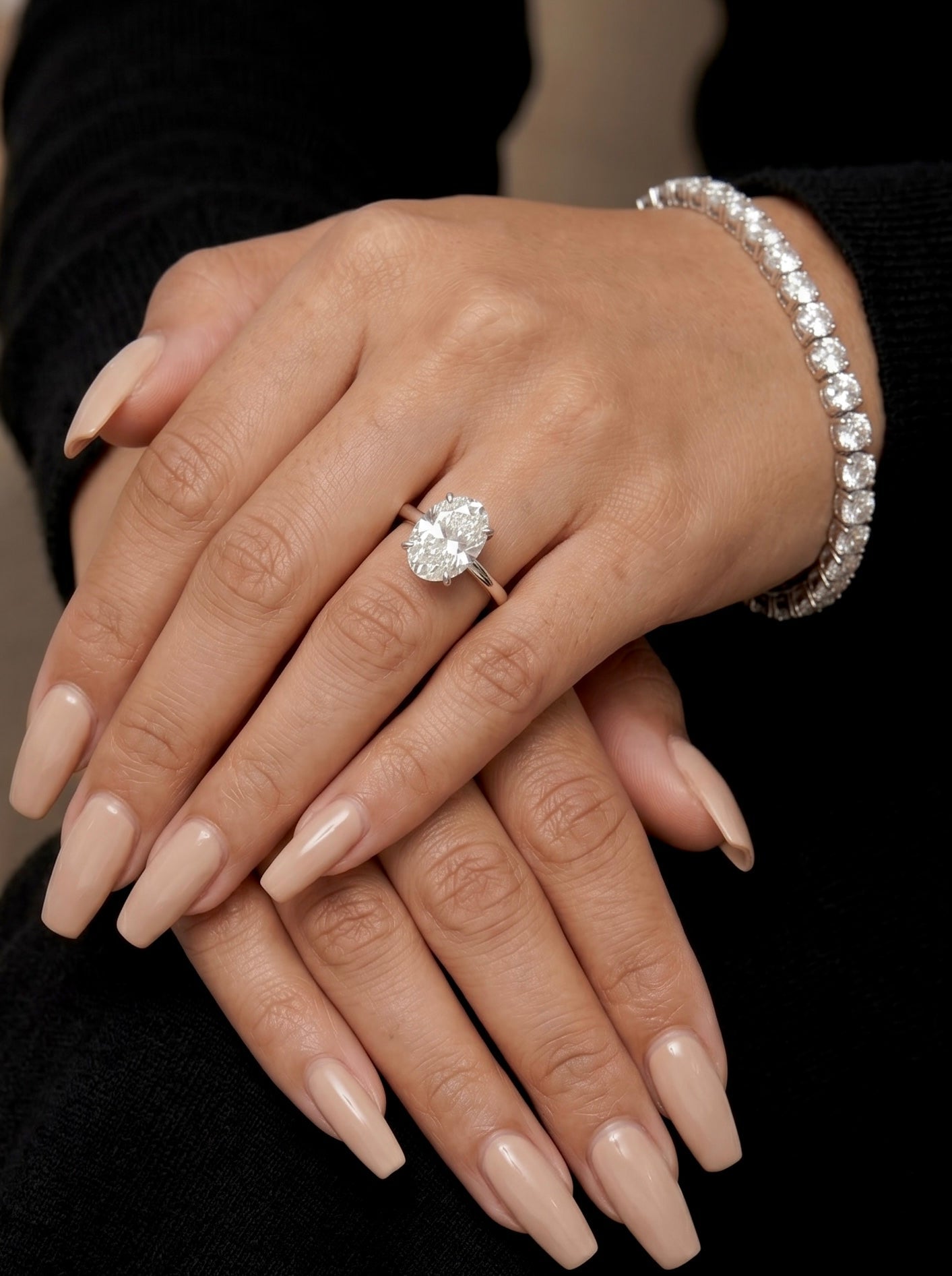 MG SOLARA™ 5.0ct Oval Cut Solitaire with Hidden Halo — Sterling Silver & White Gold