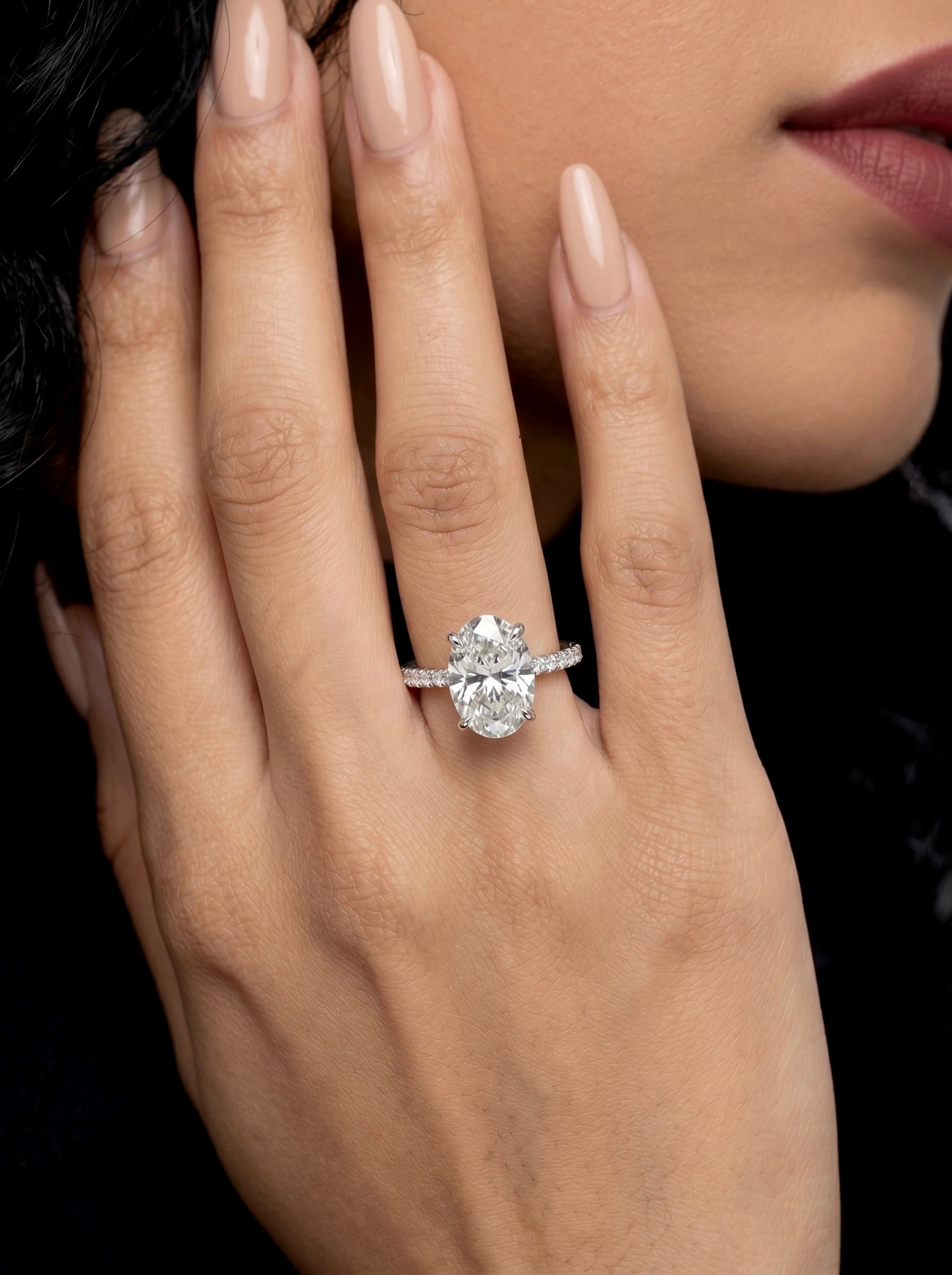 4.0ct Oval Brilliant Hidden Halo Pavé Engagement Ring - Sterling Silver & White Gold