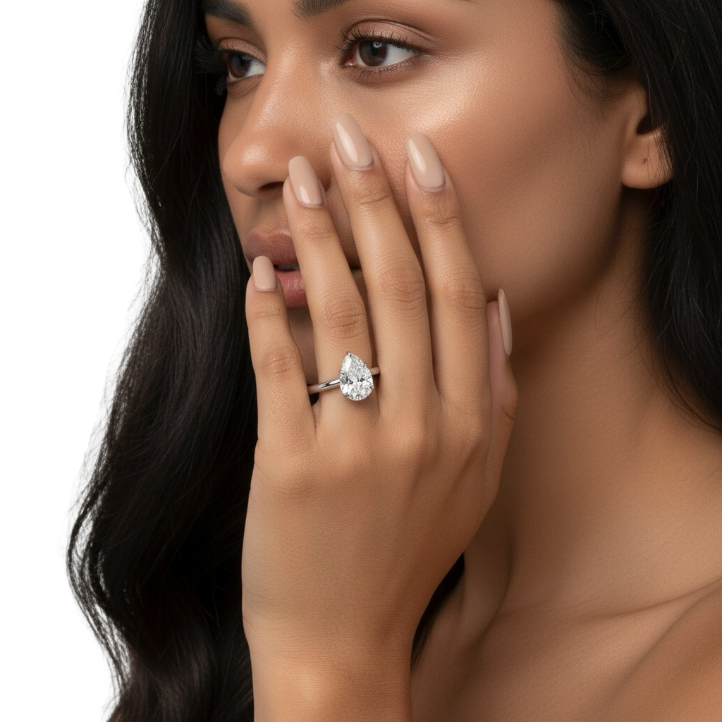 2.0ct Pear Cut Solitaire Ring with Hidden Halo – 5-Claw Setting | Sterling Silver & 9–14k White Gold