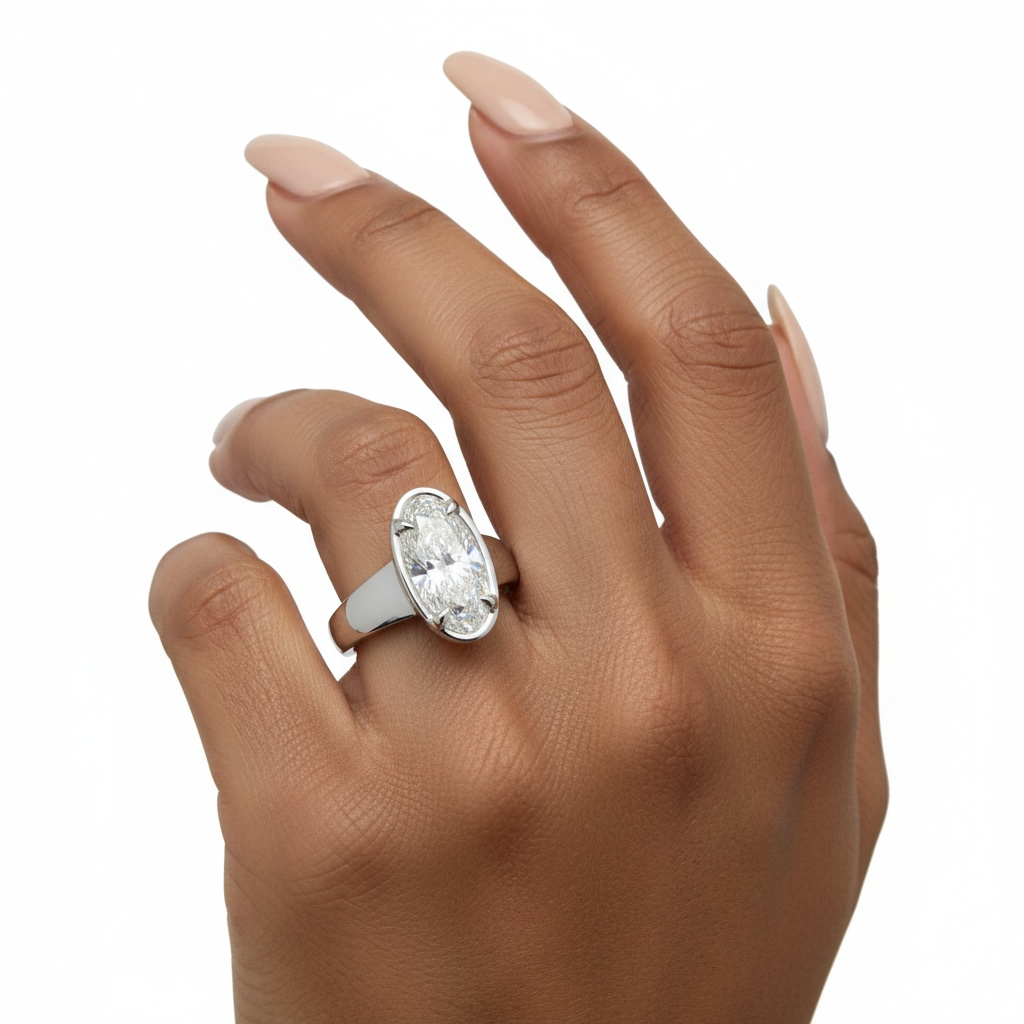 4.0ct Elongated Oval (Marquise-Style) Solitaire Ring - Sterling Silver & White Gold