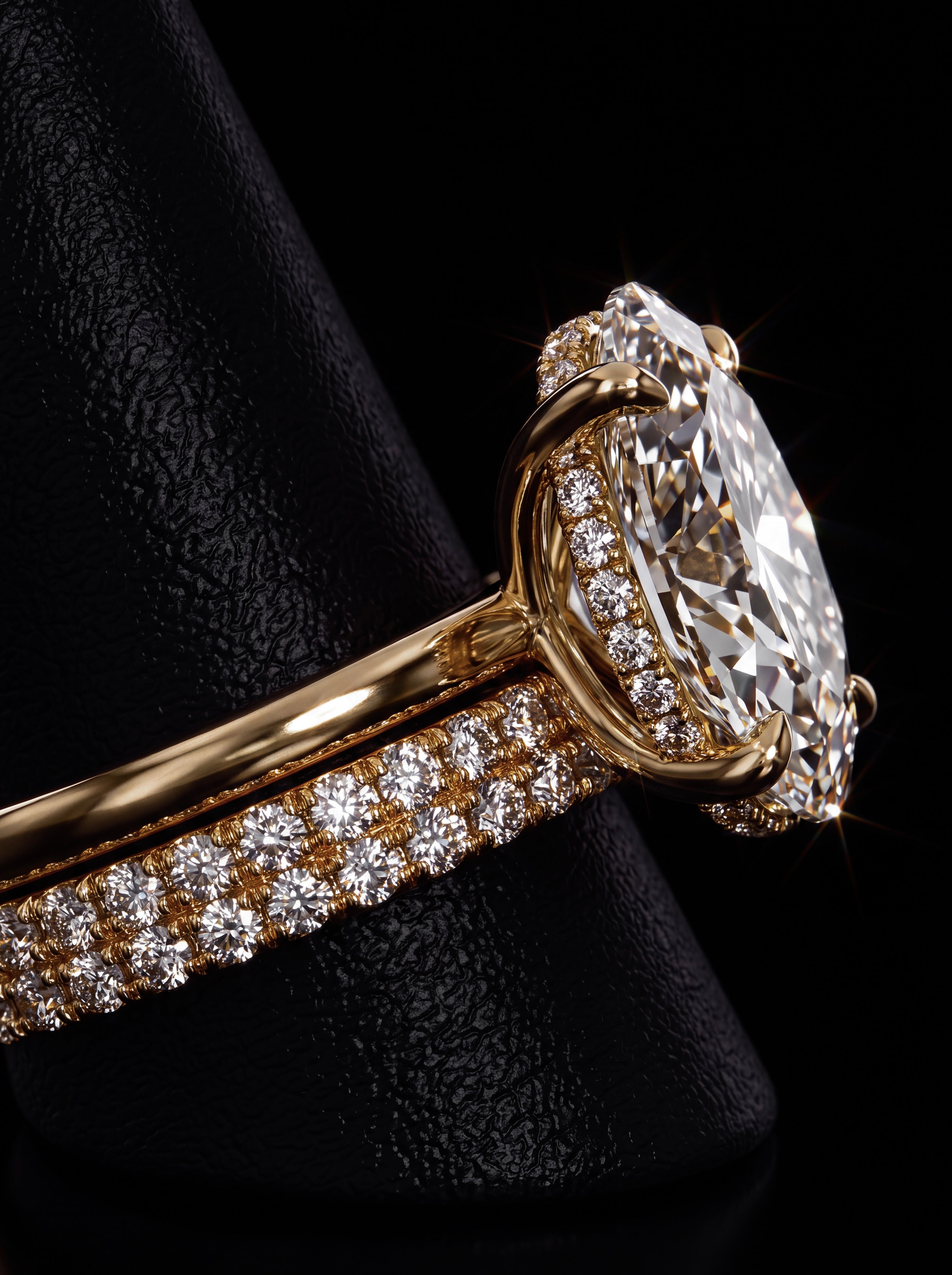 5.0CT Oval-Cut Moissanite · Hidden Halo Solitaire · Double-Row Pavé Band · Yellow Gold