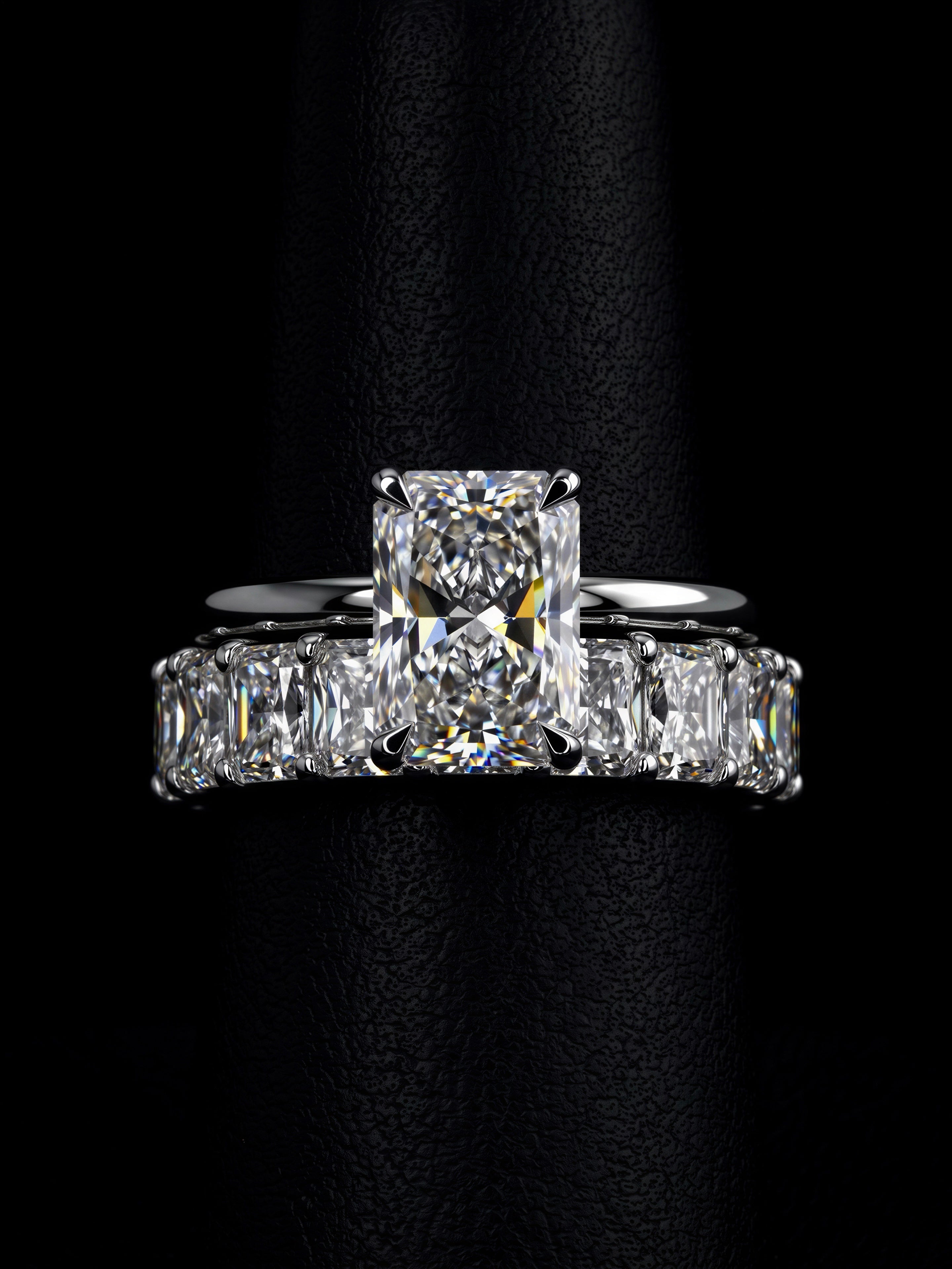 3.0CT Radiant-Cut Moissanite · Hidden Halo Solitaire · Full Radiant-Cut Eternity Band · Sterling Silver / White Gold
