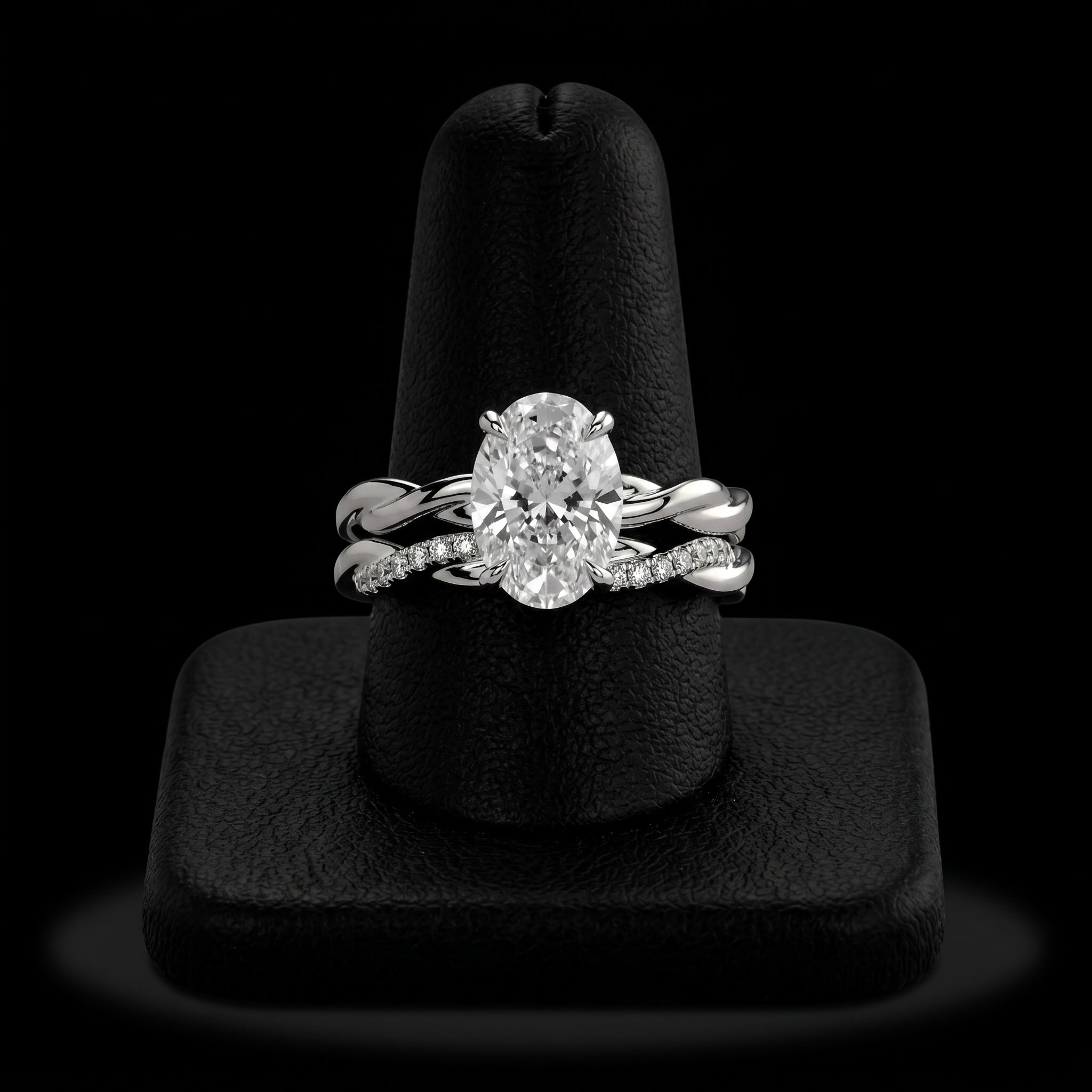 3.0ct Oval Cut Hidden Halo Twisted Shank Solitaire - Sterling Silver & 9-14K White Gold