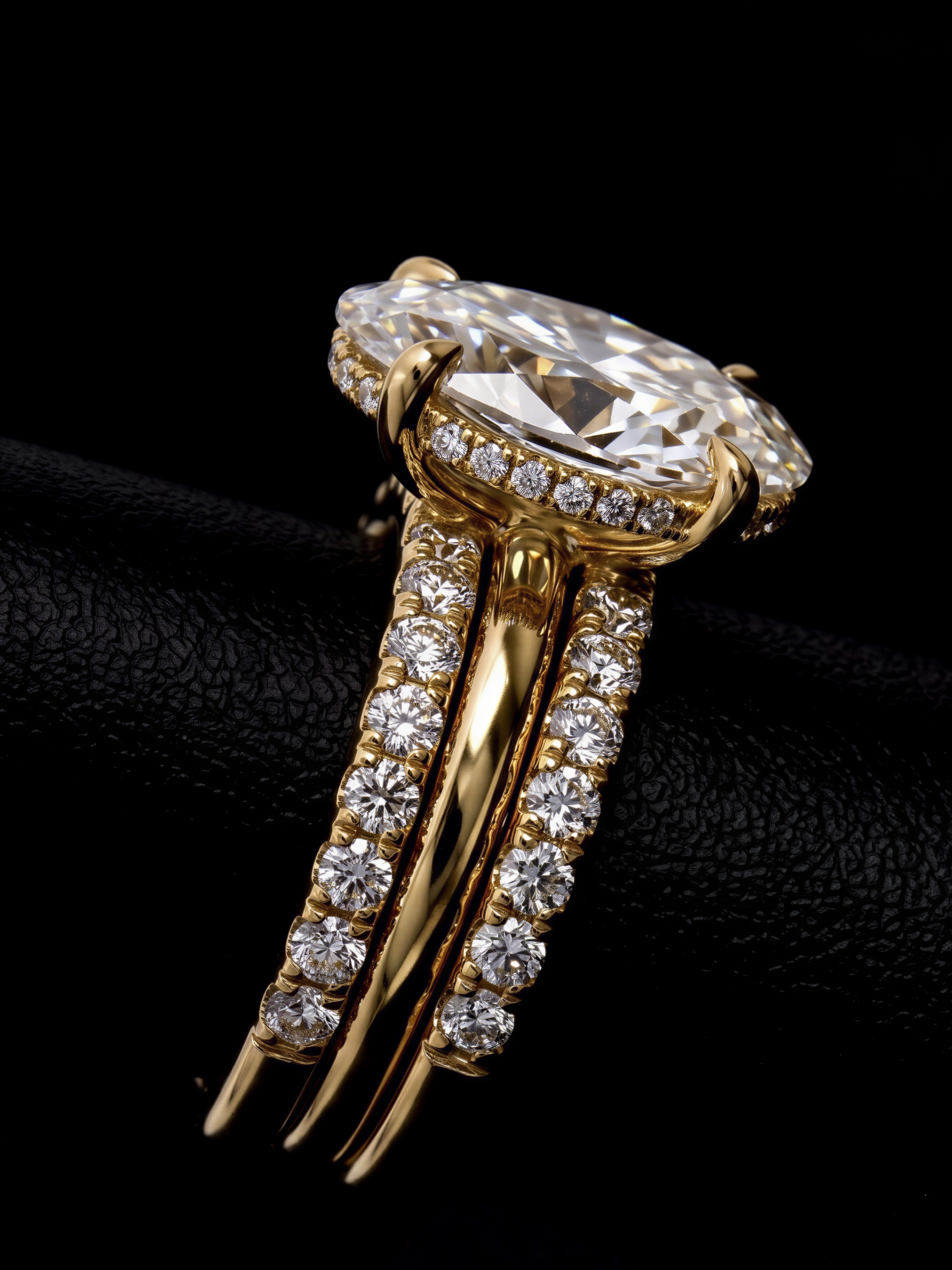 4.0CT Oval-Cut Moissanite · Hidden Halo Solitaire · Double Pavé Bridal Stack · Yellow Gold