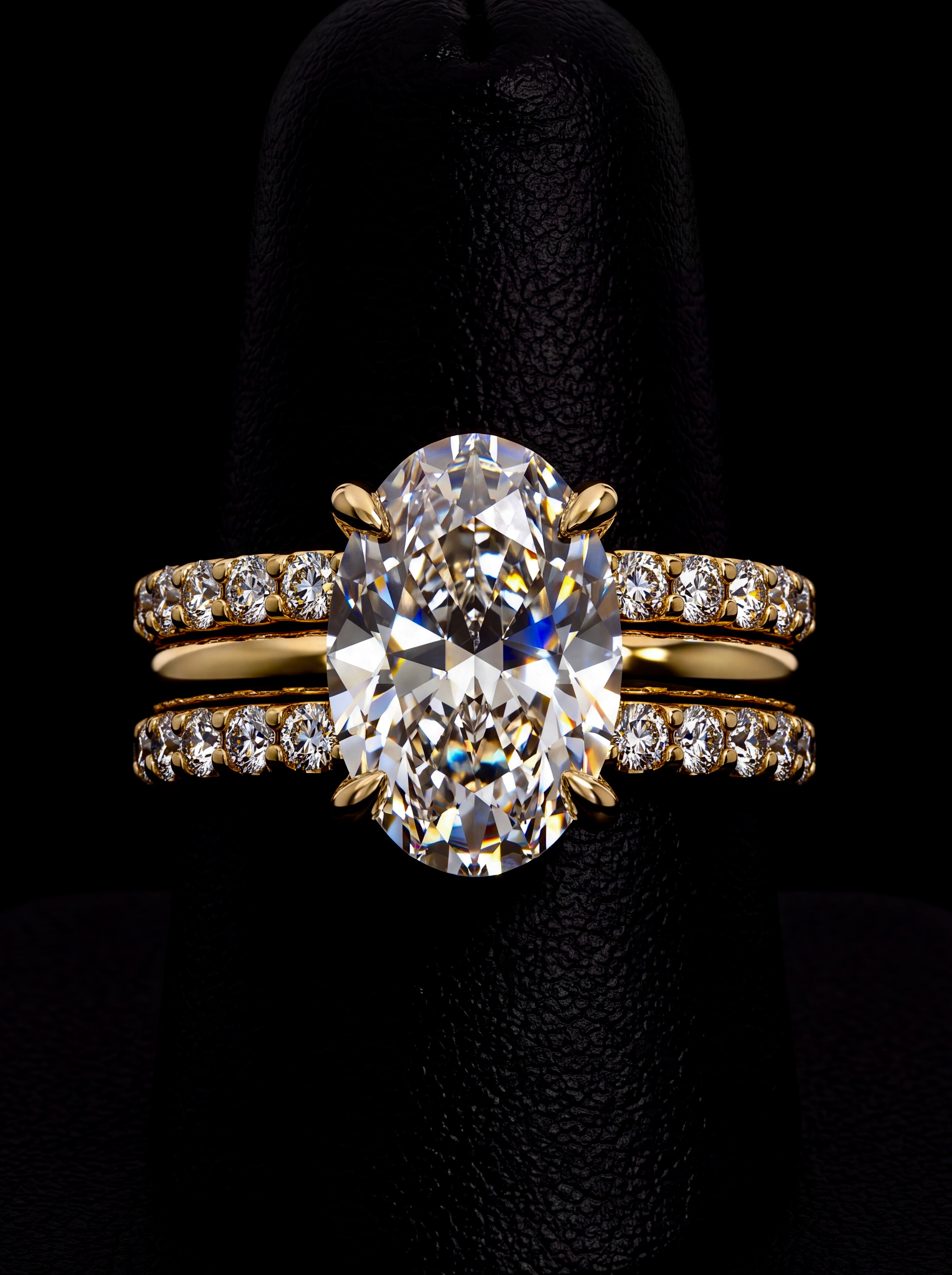 4.0CT Oval-Cut Moissanite · Hidden Halo Solitaire · Double Pavé Bridal Stack · Yellow Gold