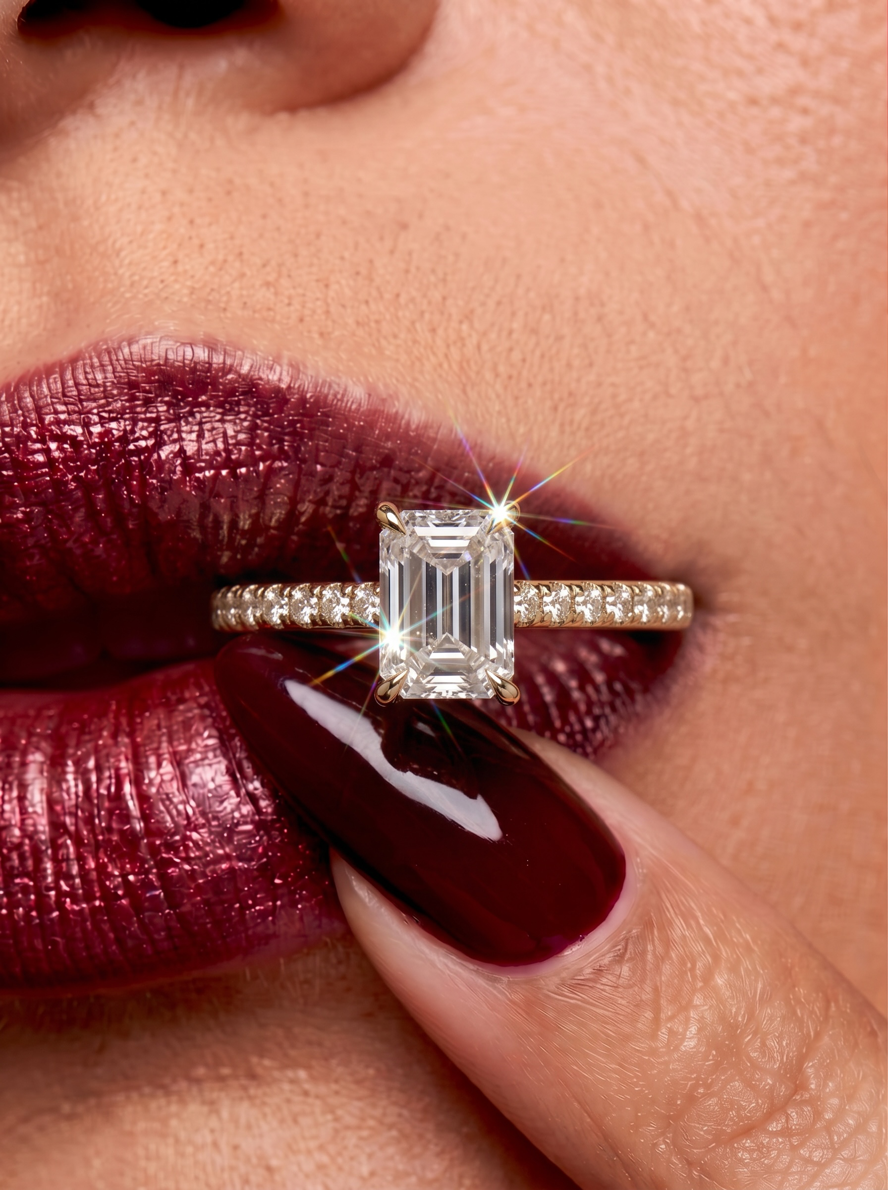 3CT Emerald Cut Hidden Halo Pavé Engagement Ring | 9K–18K Solid Yellow Gold