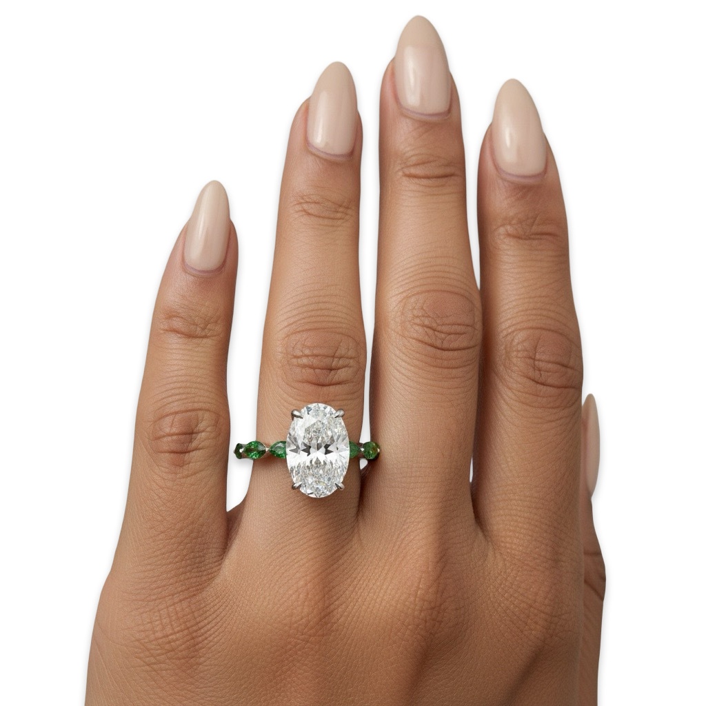 4.0ct Oval Cut Center Stone Ring with Green Marquise Side Stones & Hidden Halo – Sterling Silver / 9K & 14K White Gold