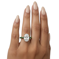 4.0ct Oval Cut Center Stone Ring with Green Marquise Side Stones & Hidden Halo – Sterling Silver / 9K & 14K White Gold